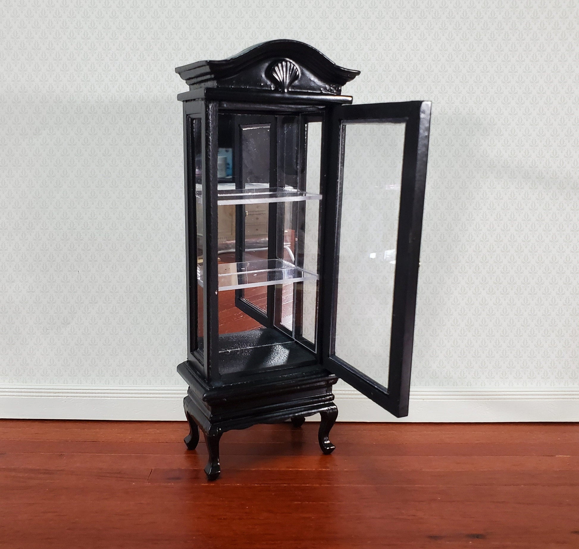 Dollhouse Curio Cabinet Mirrored Back Hutch Black Finish 1:12 Scale Miniature Furniture