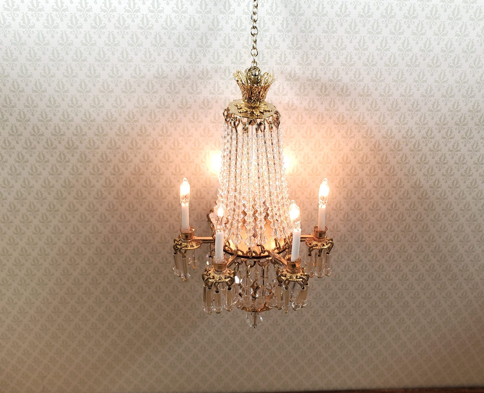 Dollhouse Crystal Chandelier Grand 6 Arm Real Glass 12 Volt 1:12 Scale Miniature
