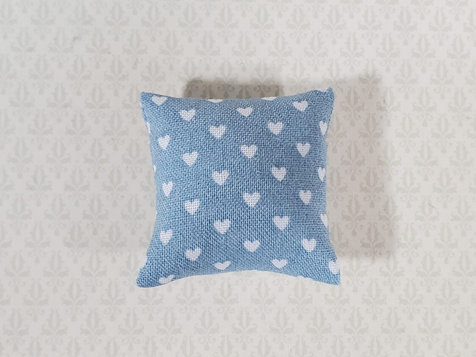 Dollhouse Pillow Hearts Print Blue & White Handmade 1:12 Scale Miniature 1 1/2"