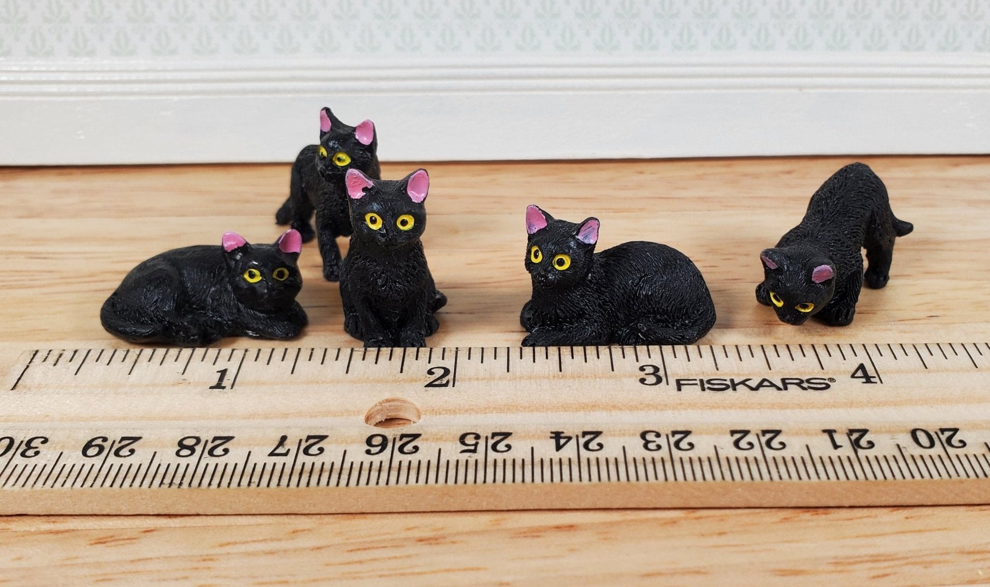 5 Dollhouse Cats All Black Kittens 1:12 Scale Halloween Various Poses Animals - Miniature Crush