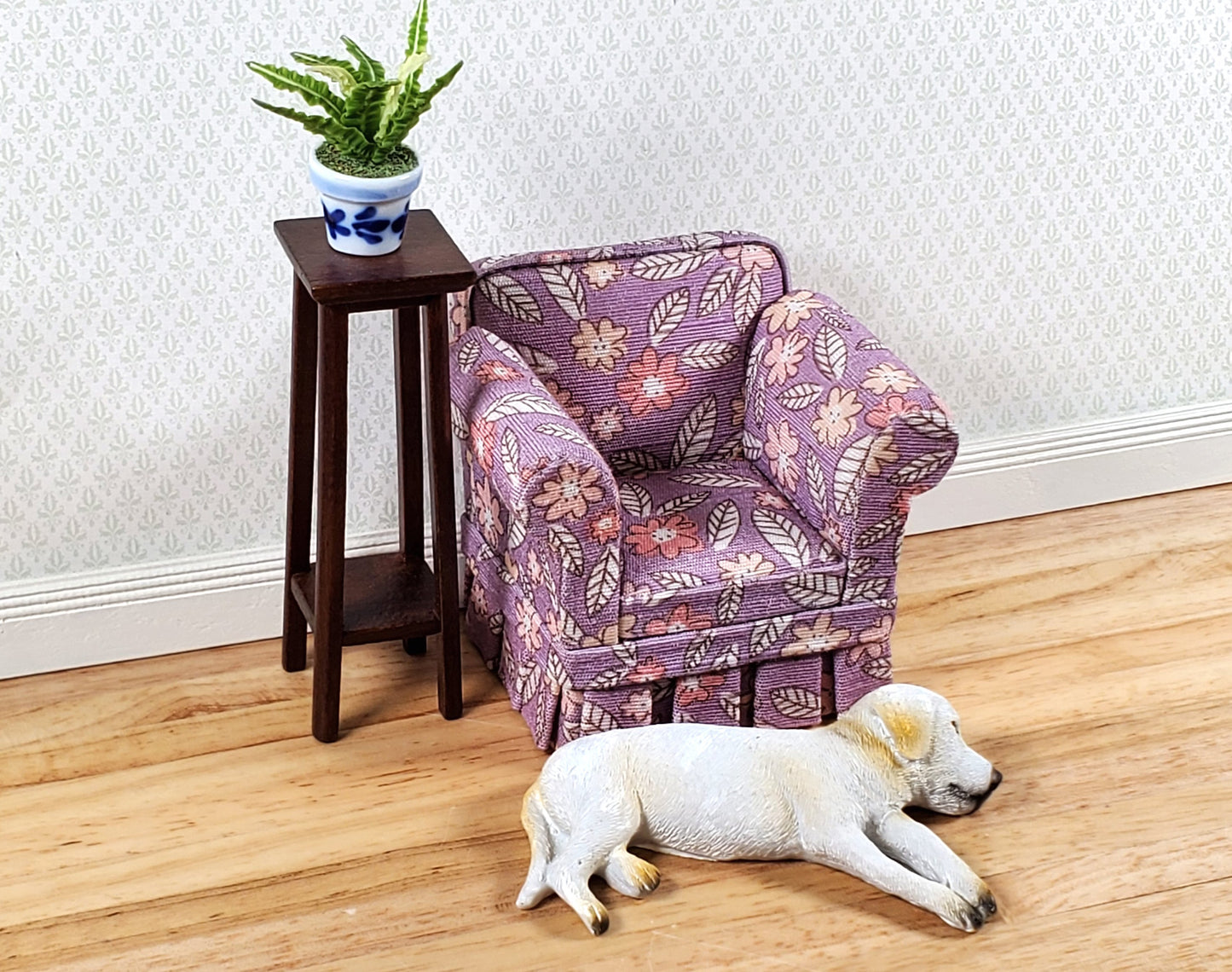 JBM Dollhouse Chair Purple Floral Modern Style 1:12 Scale Miniature Furniture