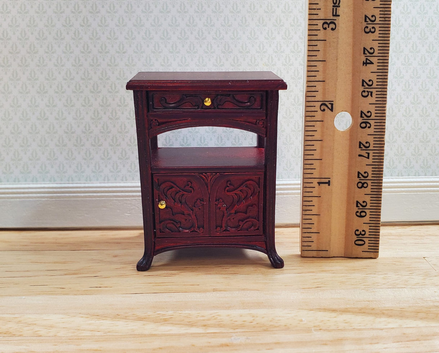 JBM Dollhouse Art Nouveau Side Table Nightstand 1:12 Scale Mahogany Finish