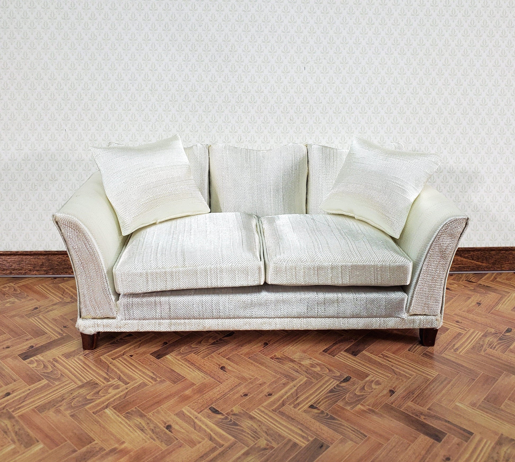 Dollhouse Sofa Couch Cream Faux Silk with Cushions 1:12 Scale Miniature Furniture