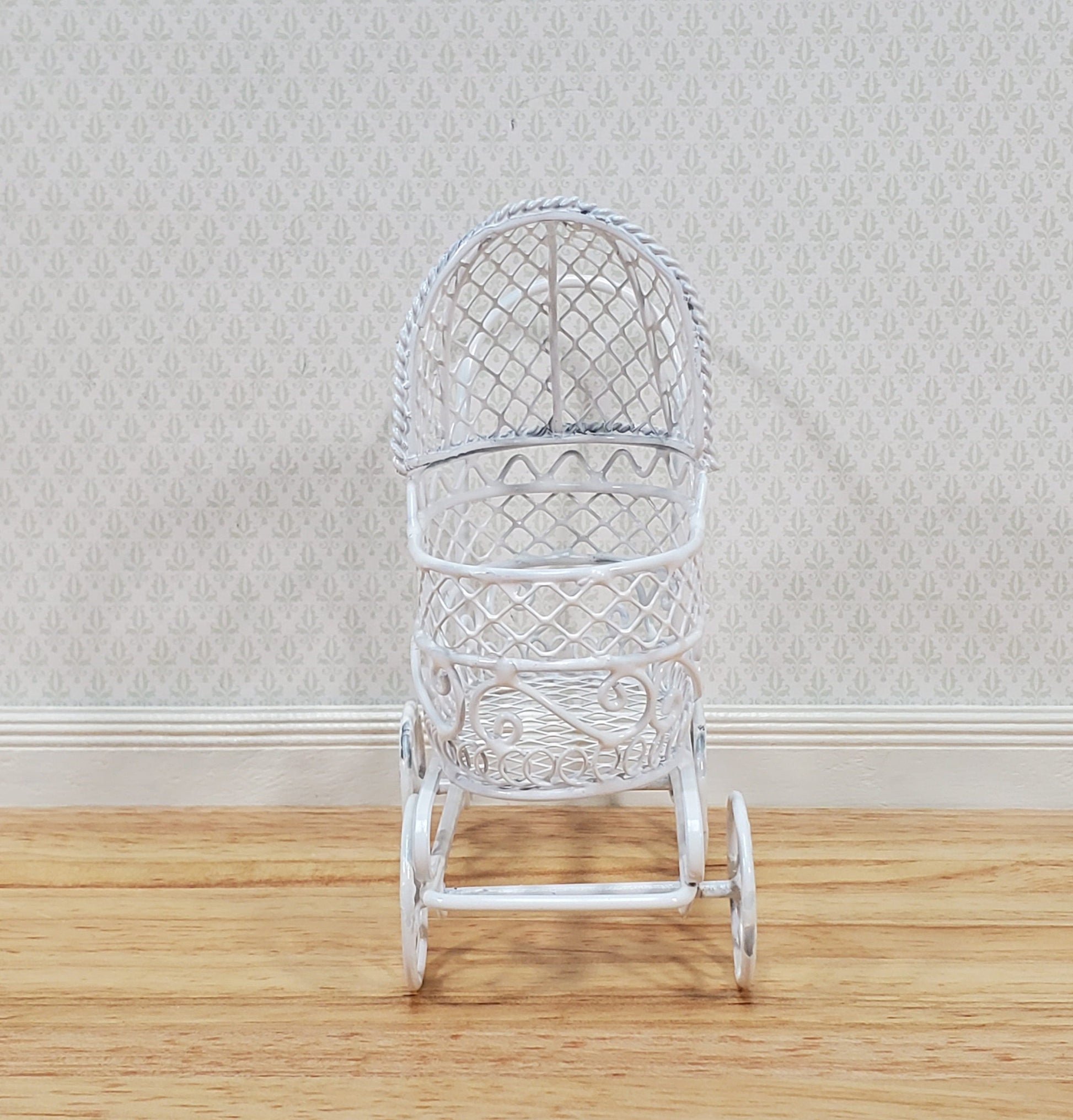 Dollhouse Pram Stroller Carriage White Metal Wire 1:12 Scale Nursery Miniature Furniture