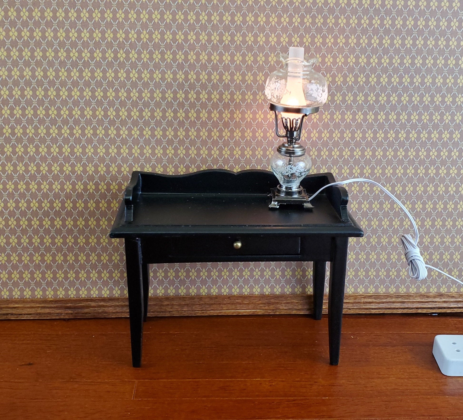 Dollhouse Hurricane Oil Lamp 12 Volt Light w/ Plug 1:12 Scale Vintage Style Pewter Finish