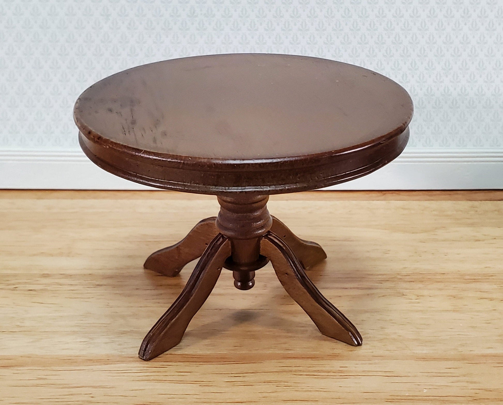 Dollhouse Table Round Pedestal Wood Walnut Finish 1:12 Scale Miniature Kitchen Dining Room