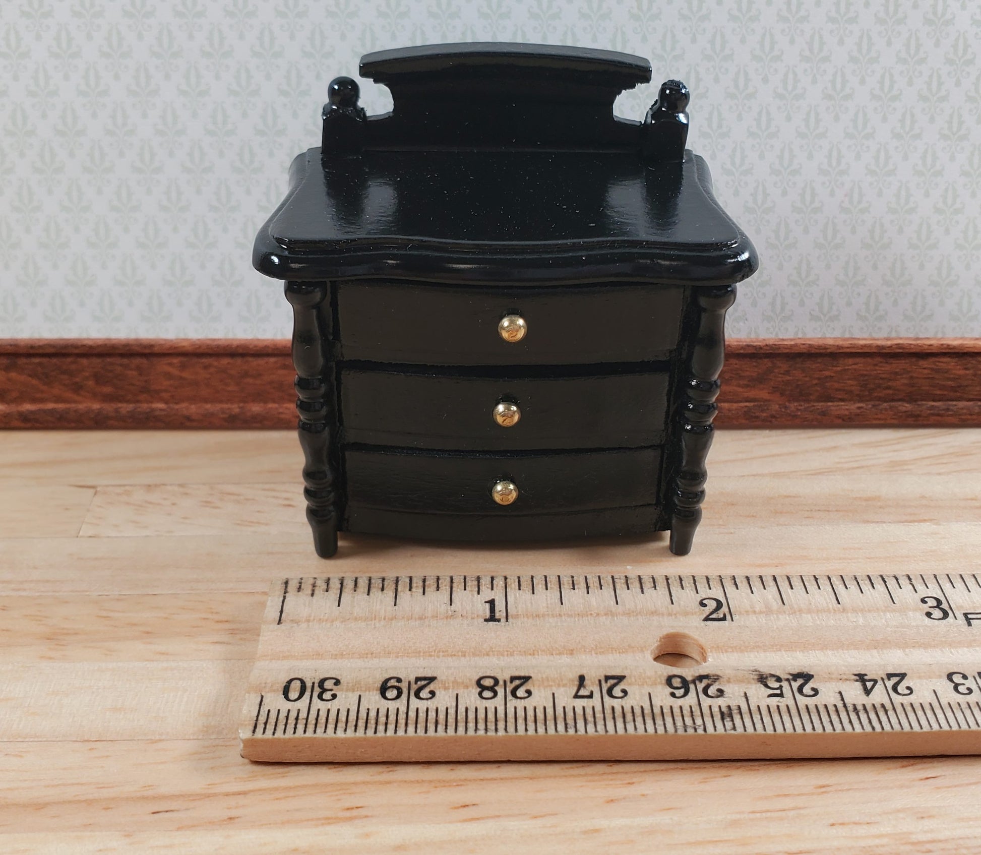 Dollhouse Night Stand Side Table Black 3 Drawers 1:12 Scale Wood Miniature