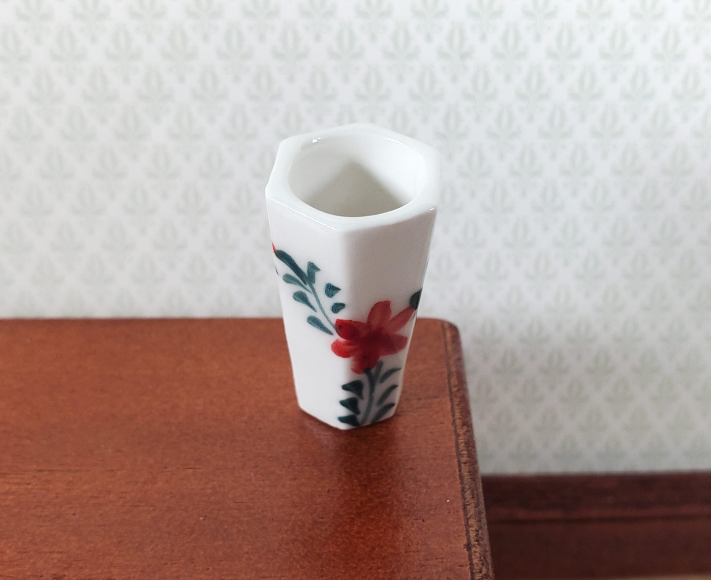 Dollhouse Large Vase White Ceramic Red Flower Design Use in 1:12 or 1/6 Scale