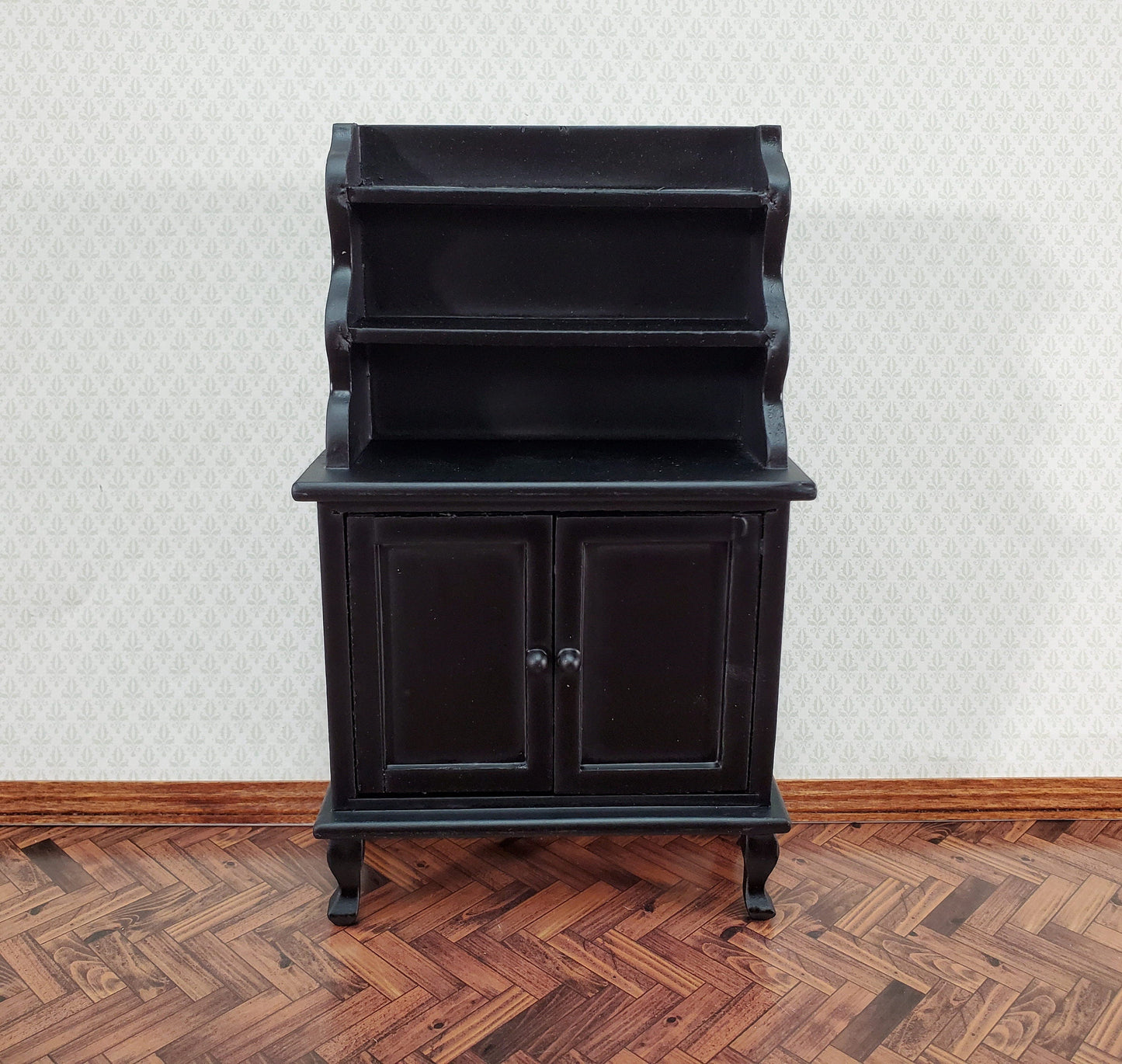 Dollhouse Tall Hutch Cabinet with Shelves Wood with a Black Finish 1:12 Scale Miniature Furniture