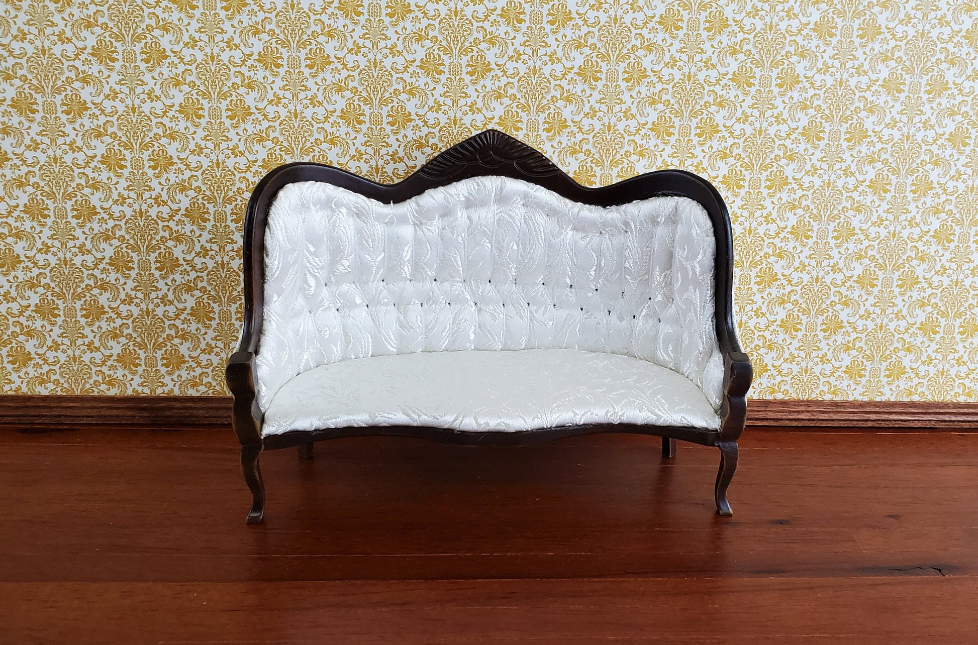 Dollhouse Miniature Victorian Sofa Couch White 1:12 Scale Dark Walnut Finish