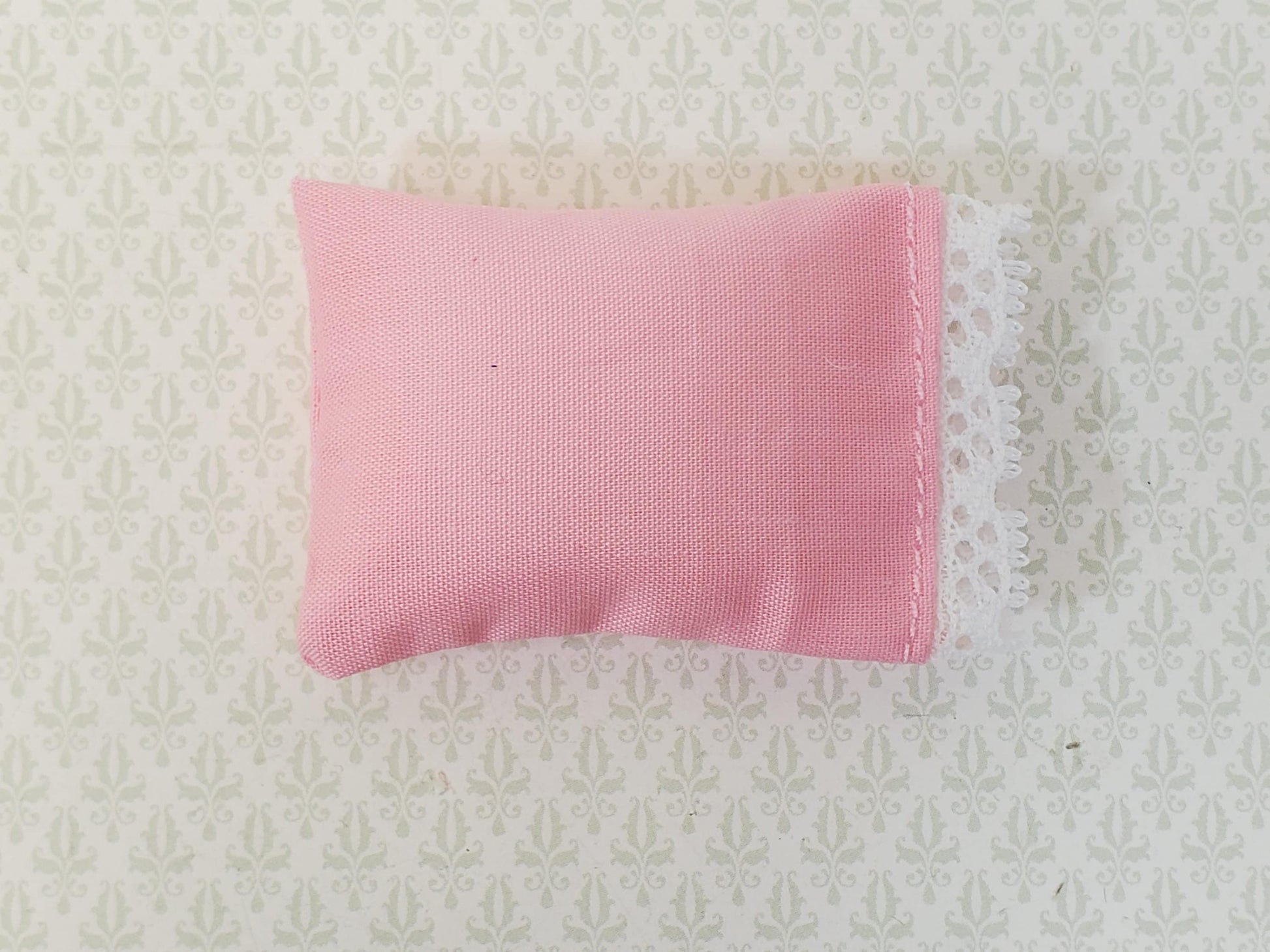 Miniature Pink Pillow with Lace for Dollhouse Bedroom 1:12 Scale 2"