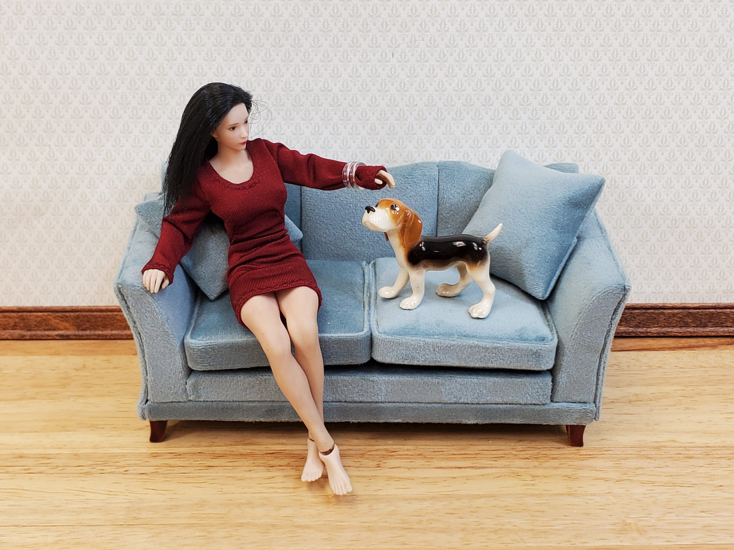 Dollhouse Sofa Couch Gray/Blue Modern Style 1:12 Scale Miniature Furniture