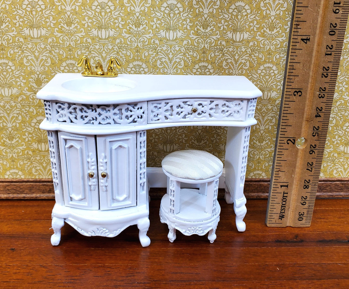 Dollhouse Bathroom Vanity Sink with Stool White Wood 1:12 Scale Miniature Furniture