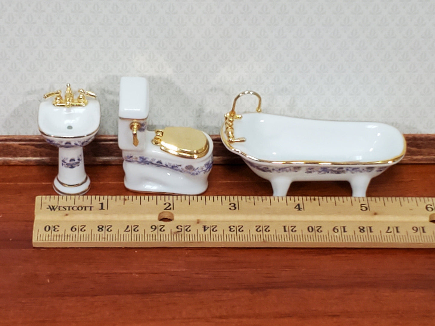 Dollhouse HALF SCALE Bathroom Set Reutter Porcelain Tub Toilet Sink 1:24 Miniatures Blue & Gold