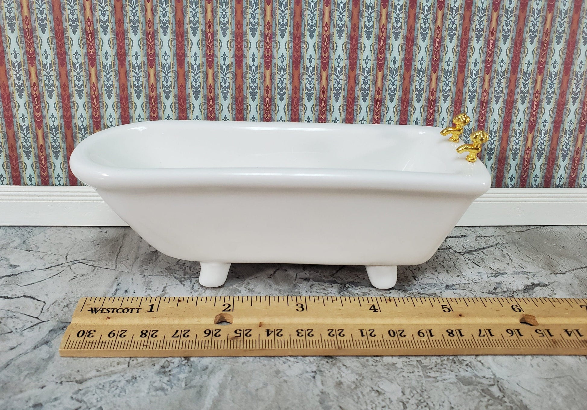 Dollhouse Bathtub Gold Faucets White Ceramic 1:12 Scale Miniature Bathroom Tub