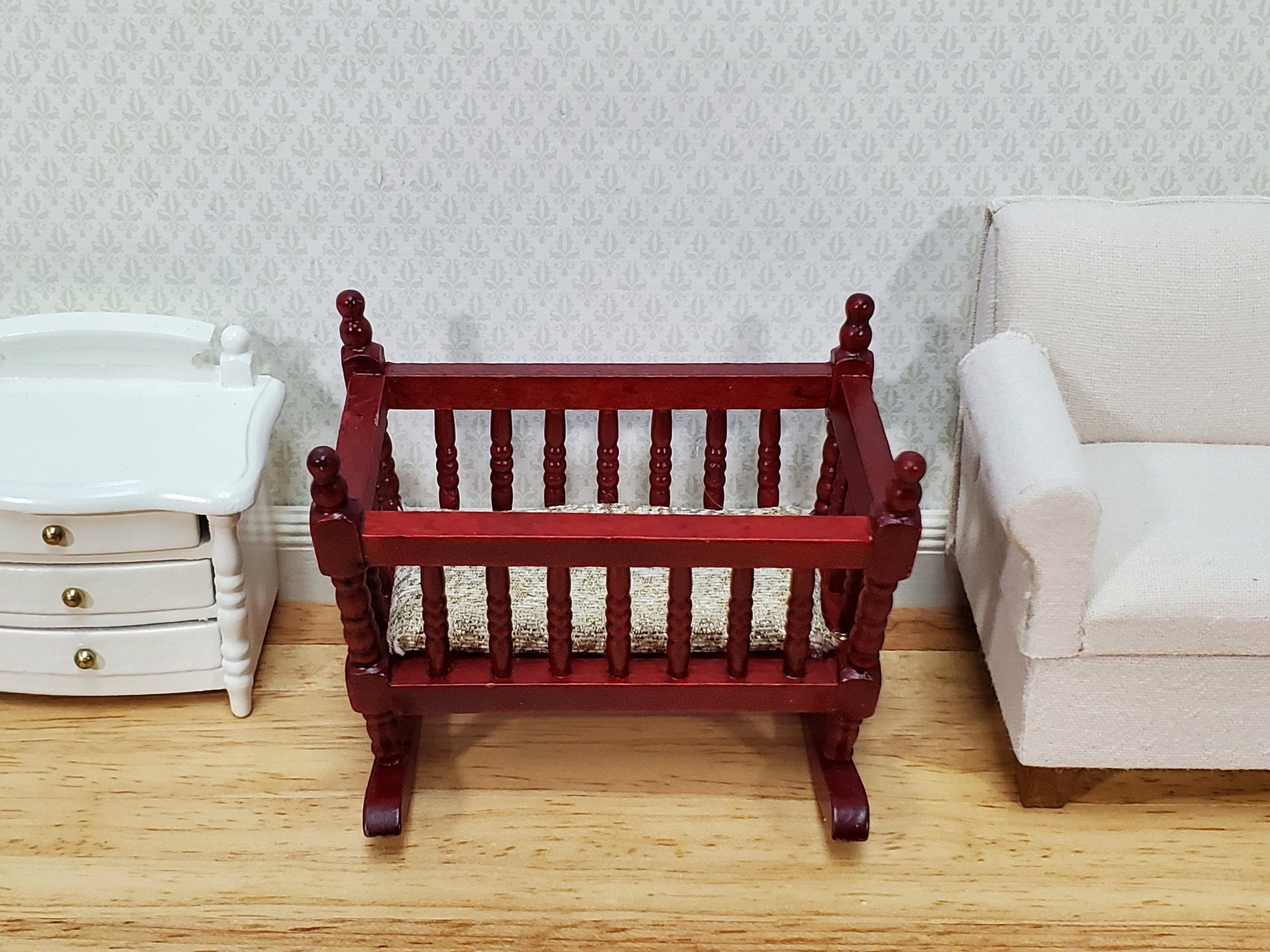 Dollhouse Cradle Crib for Nursery Wood Mahogany Finish 1:12 Scale Miniature Furniture