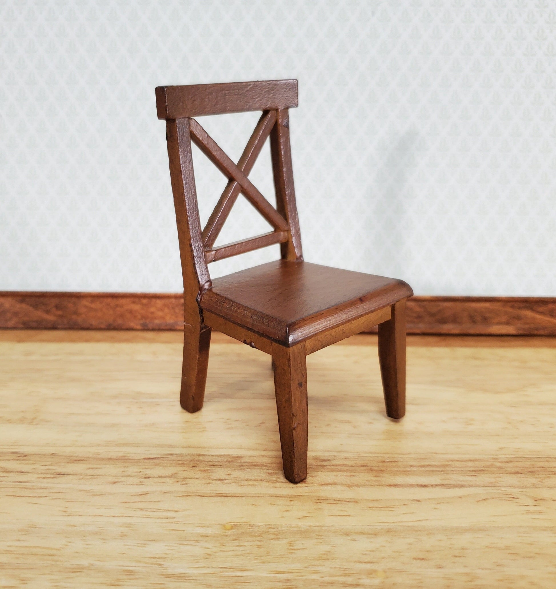 Dollhouse Chair Kitchen Dining Cross Buck Walnut Finish Wood 1:12 Scale Miniature Furniture