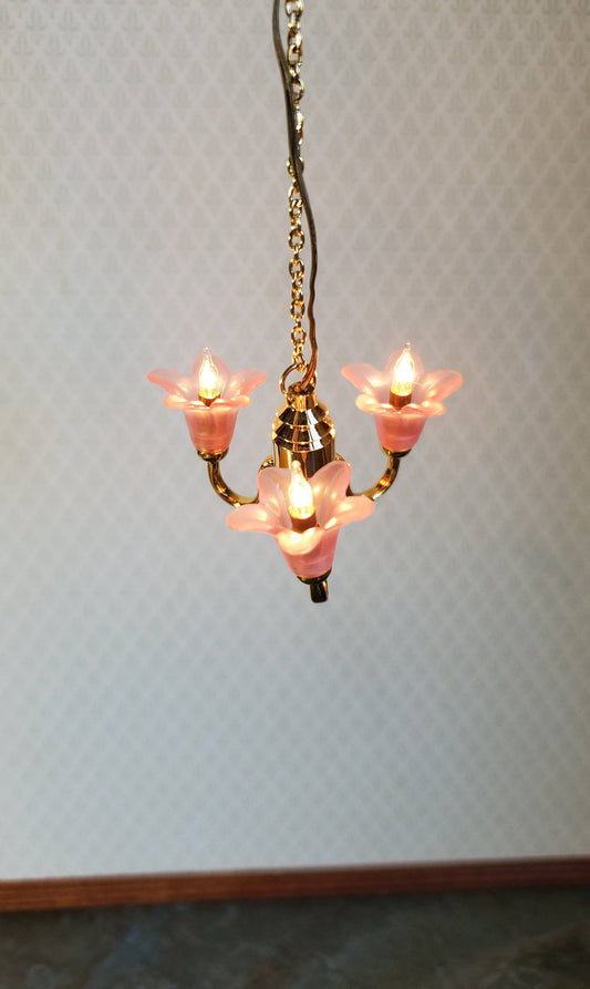 Dollhouse Pink Chandelier Flower Shade 3 Arm 12 Volt with Plug 1:12 Scale HW2736
