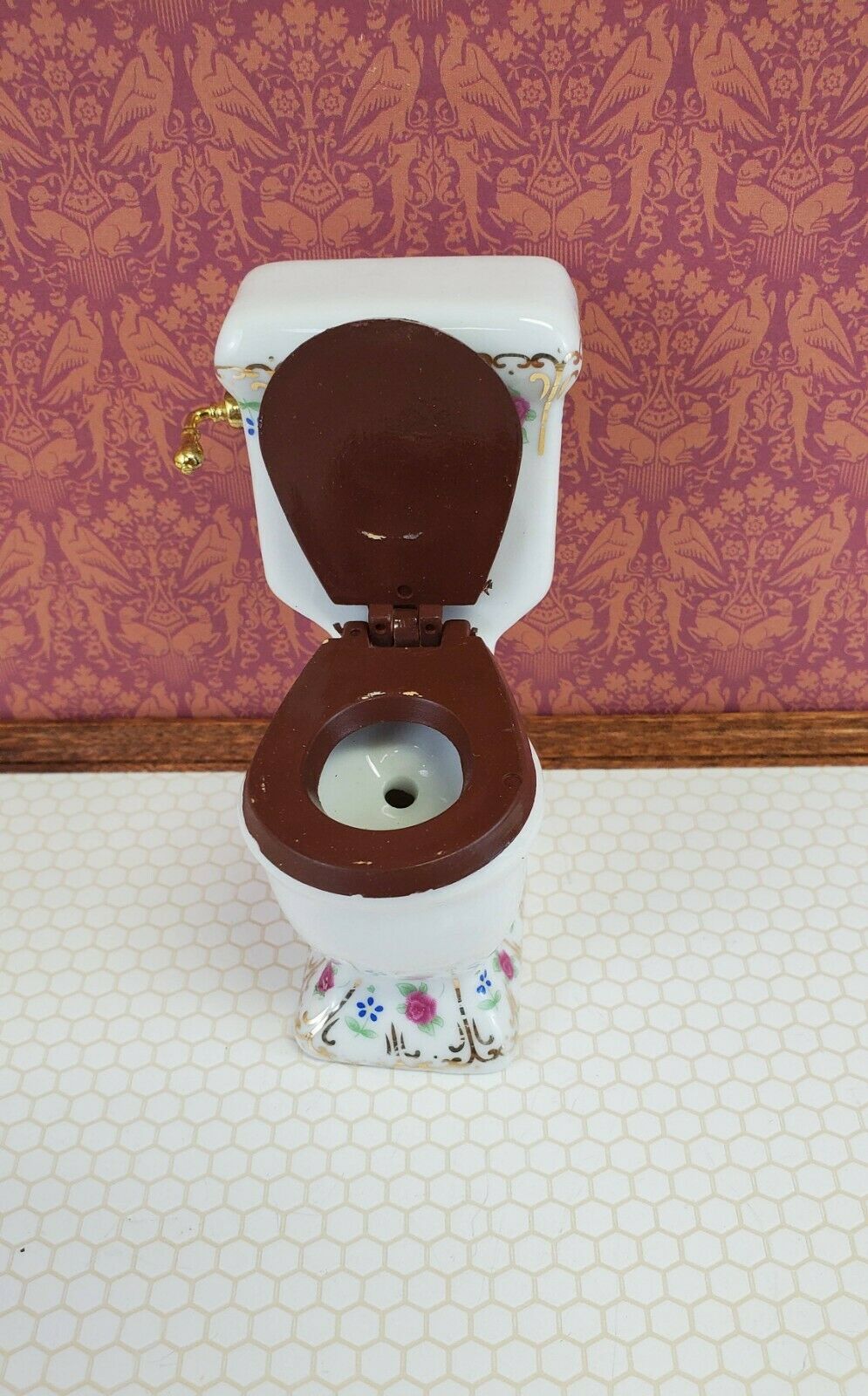 Dollhouse Miniature Bathroom Set White Gold Rose Porcelain Tub Toilet Sink