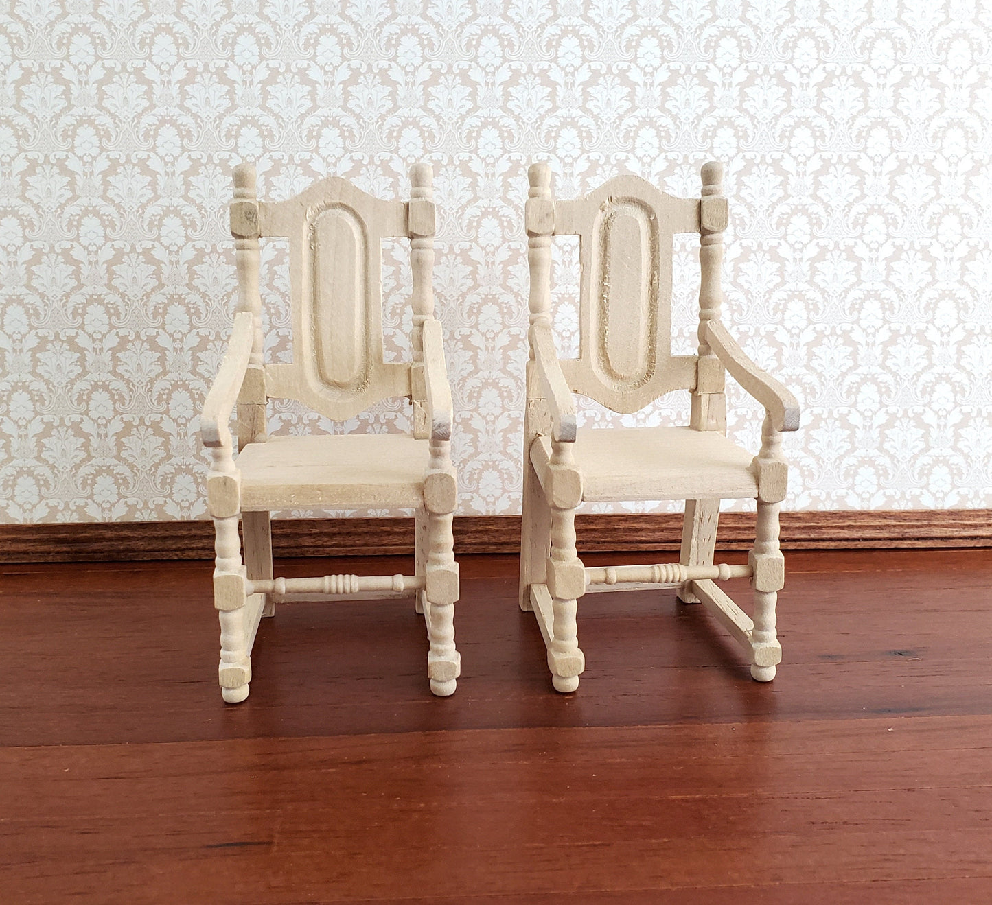 Dollhouse Miniature Arm Chairs Dining Room Set of 2 Unpainted Wood 1:12 Scale