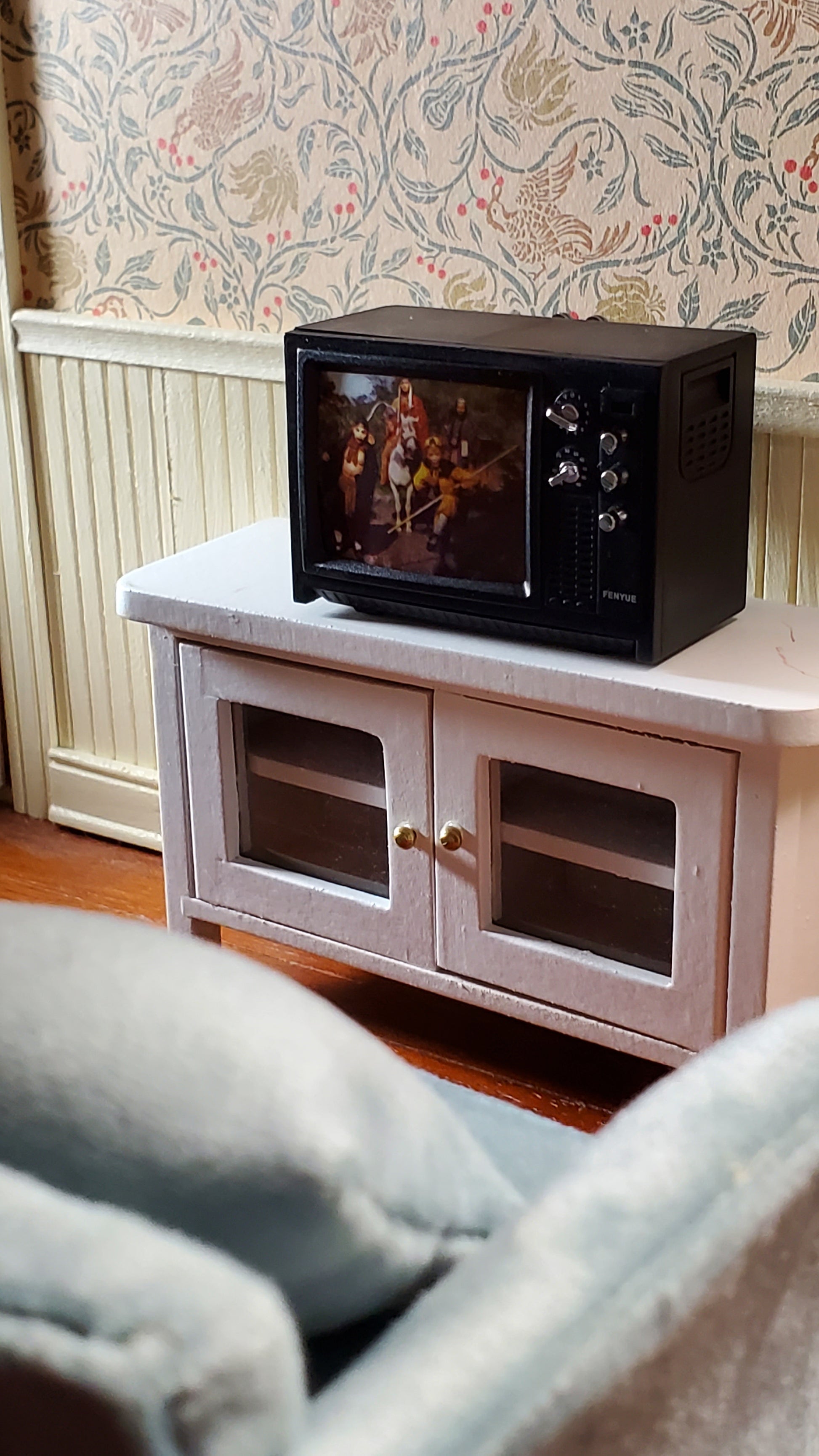 Dollhouse Television TV Set Retro 1970s Style Black Miniature Accessory