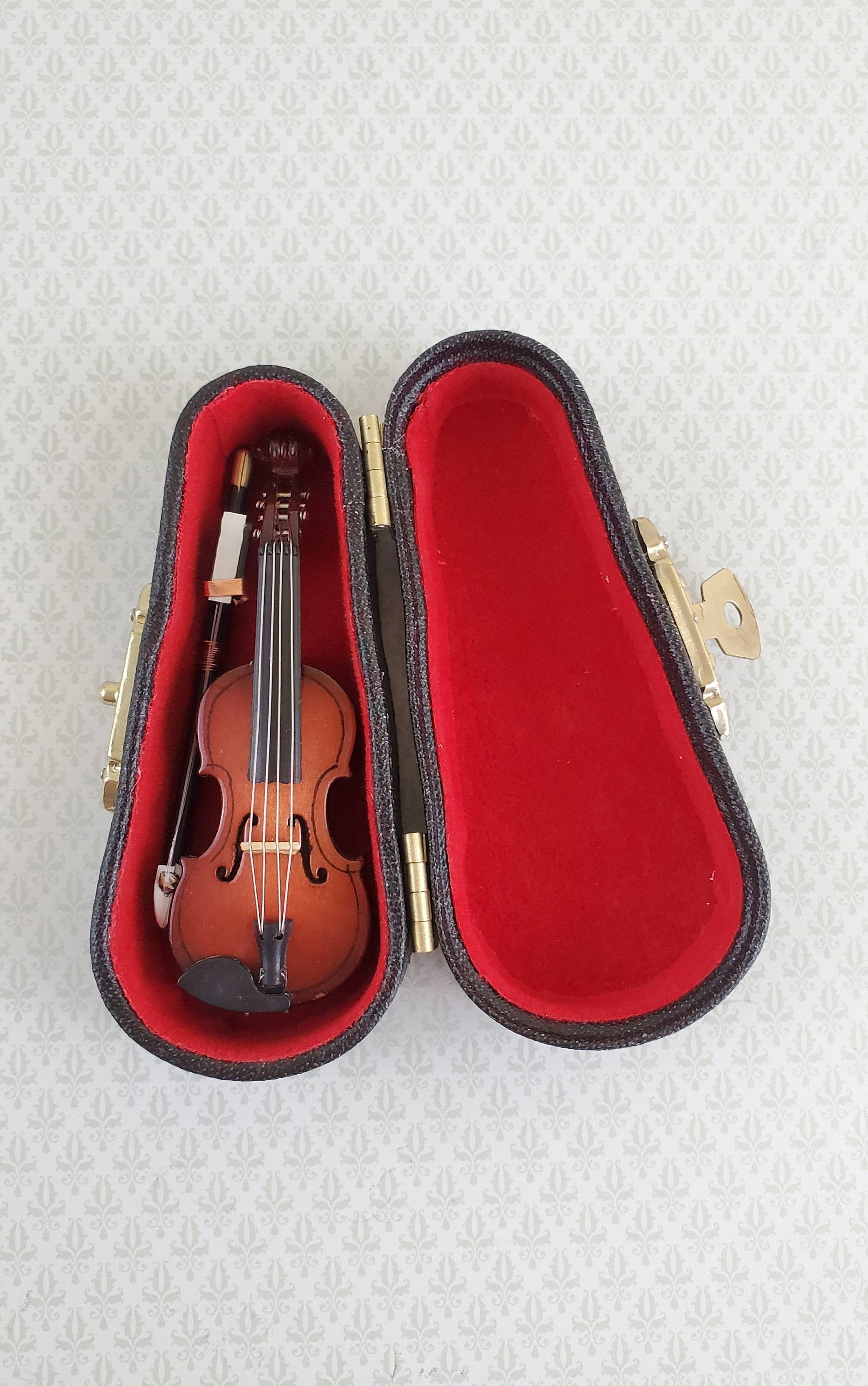Miniature Violin and Bow Wood 2 7/8" Dollhouse Tiny Instrument Music Room