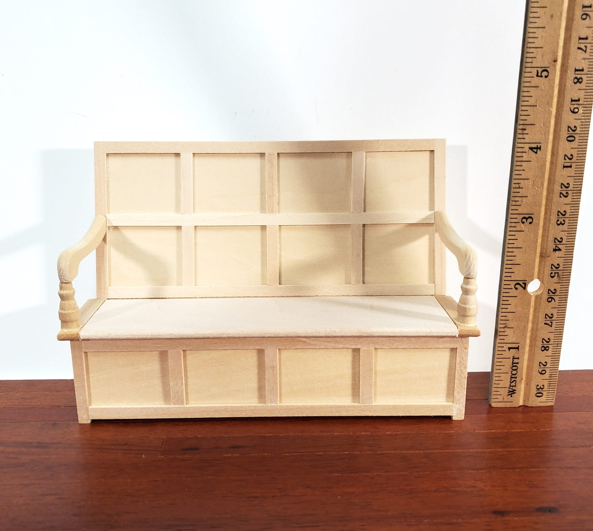 Dollhouse Bench Tudor Gothic Style with High Back Unpainted Wood Open Seat 1:12 Scale Furniture