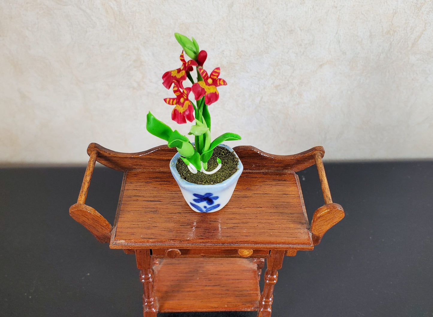 Dollhouse Orchid Flowers Plant in Ceramic Planter Red 1:12 Scale Miniature
