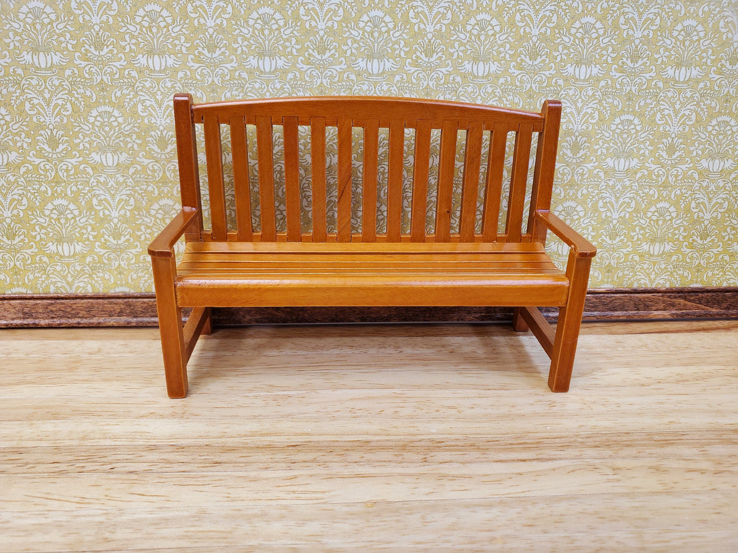 Dollhouse Garden Bench Large Classic Style Wood with Walnut Finish 1:12 Scale Miniature Furniture