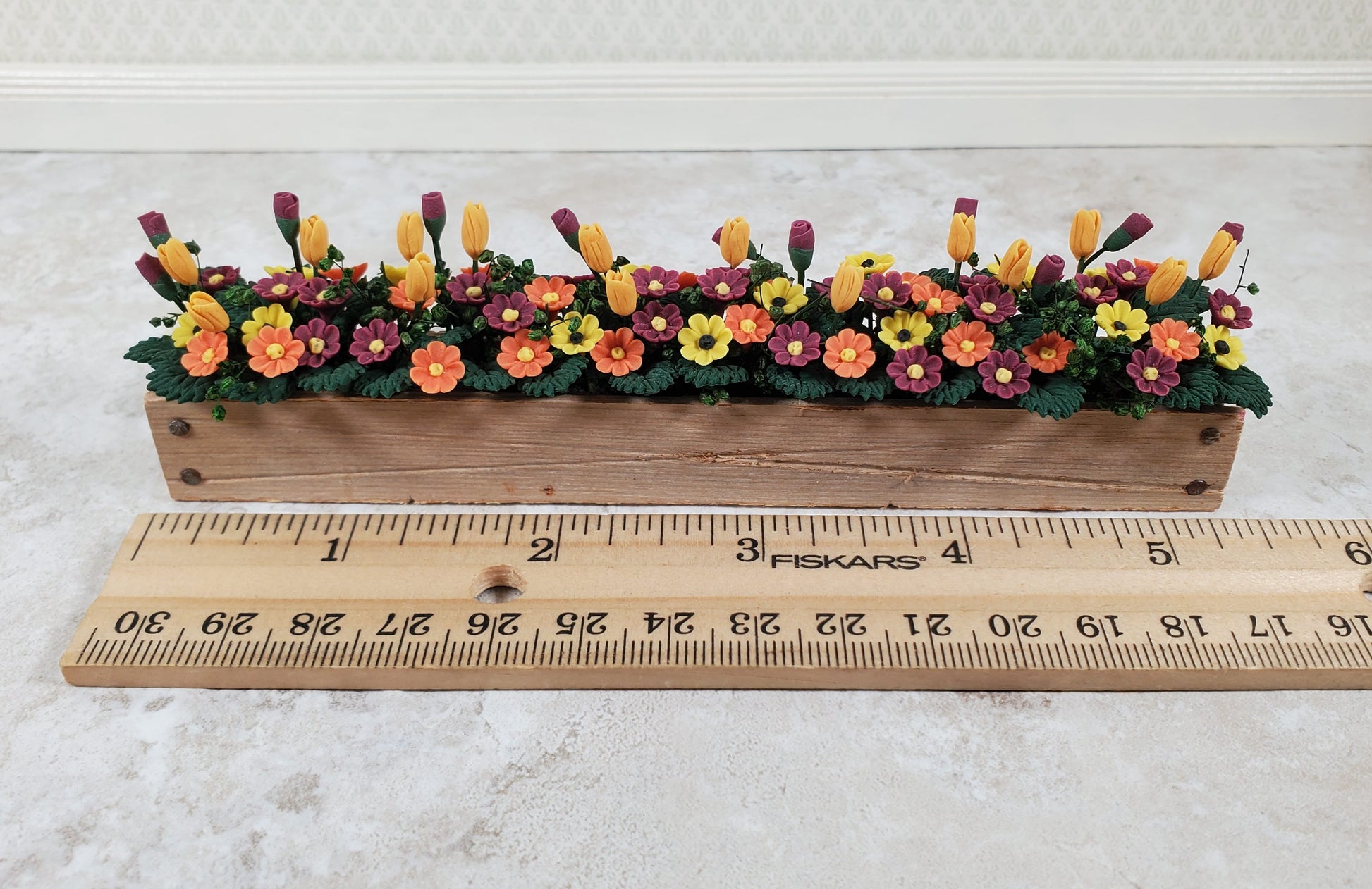 Dollhouse Fall Flowers in a 5.5" Wooden Window Box Planter 1:12 Scale Miniature