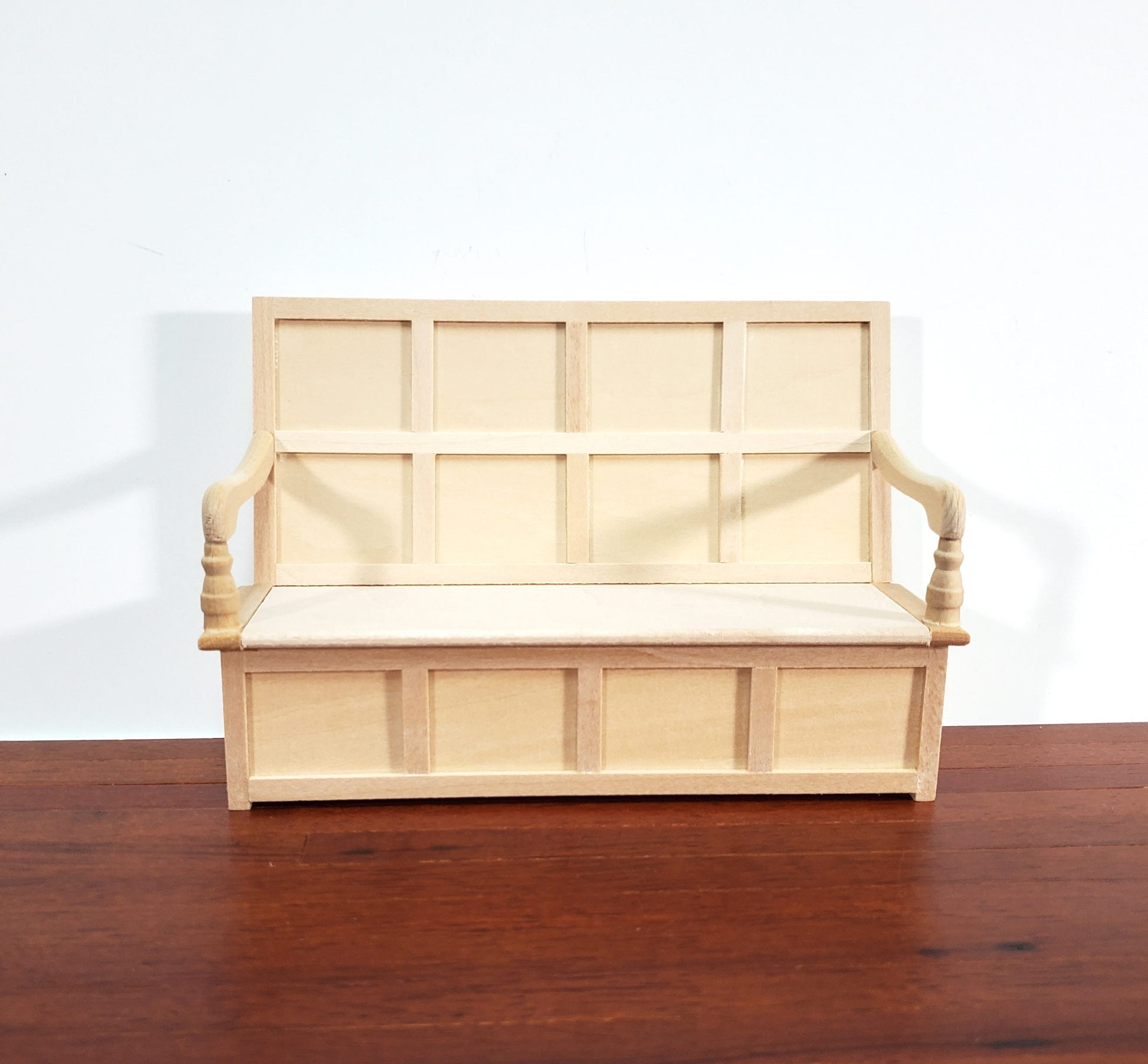 Dollhouse Bench Tudor Gothic Style with High Back Unpainted Wood Open Seat 1:12 Scale Furniture