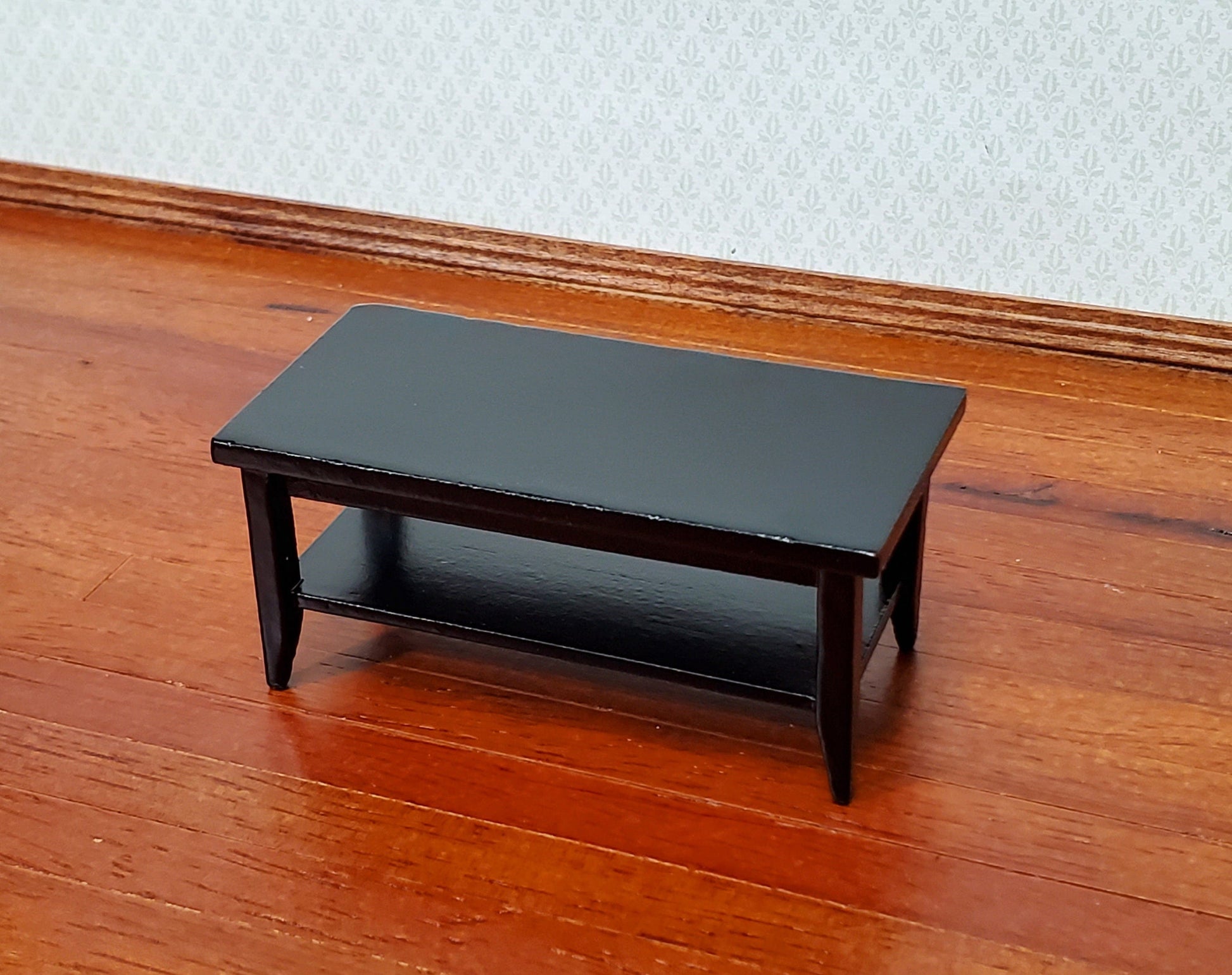 Dollhouse Modern Coffee Table with Shelf All Black Wood 1:12 Scale Miniature Furniture