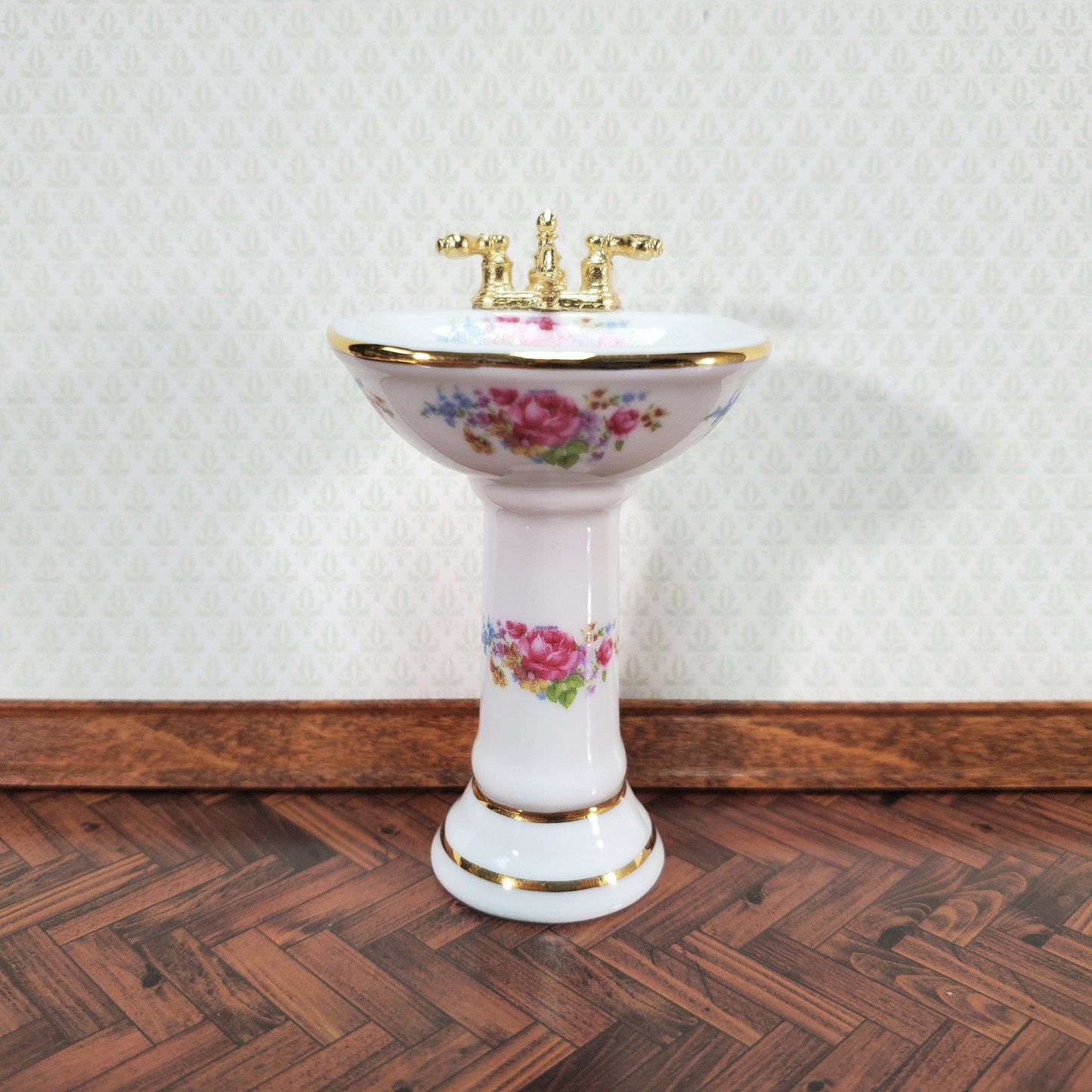 Dollhouse Pedestal Sink Bathroom Dresden Rose Reutter Porcelain 1:12 Scale Miniature