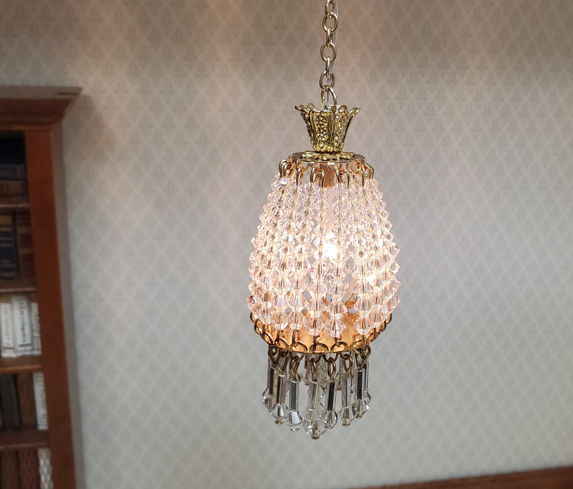 Dollhouse Parlor Chandelier II Light Real Glass Crystals 12 Volt 1:12 Scale