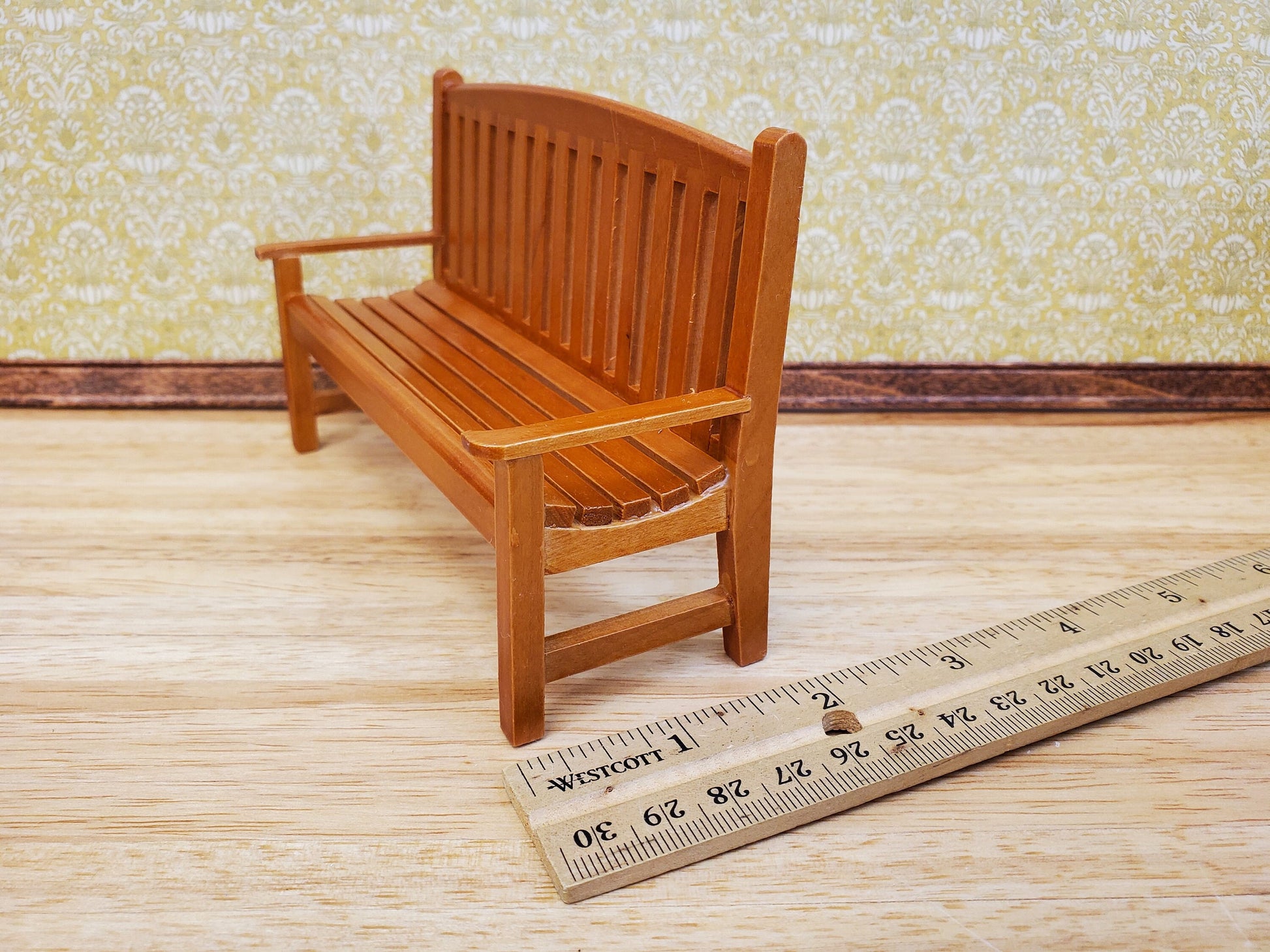 Dollhouse Garden Bench Large Classic Style Wood with Walnut Finish 1:12 Scale Miniature Furniture