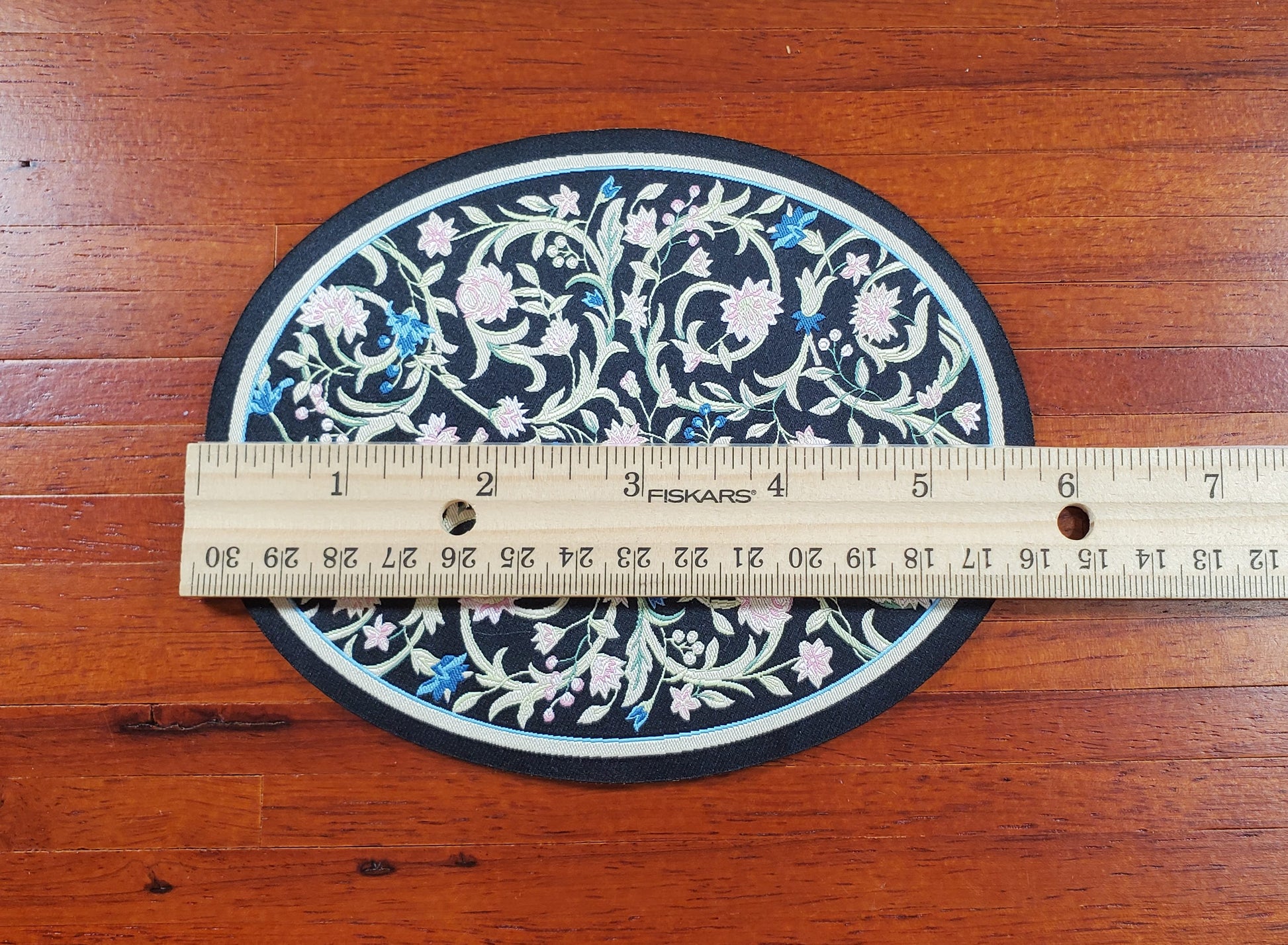 Dollhouse Oval Rug Fabric Black Pink and Blue Floral 1:12 Scale Miniature