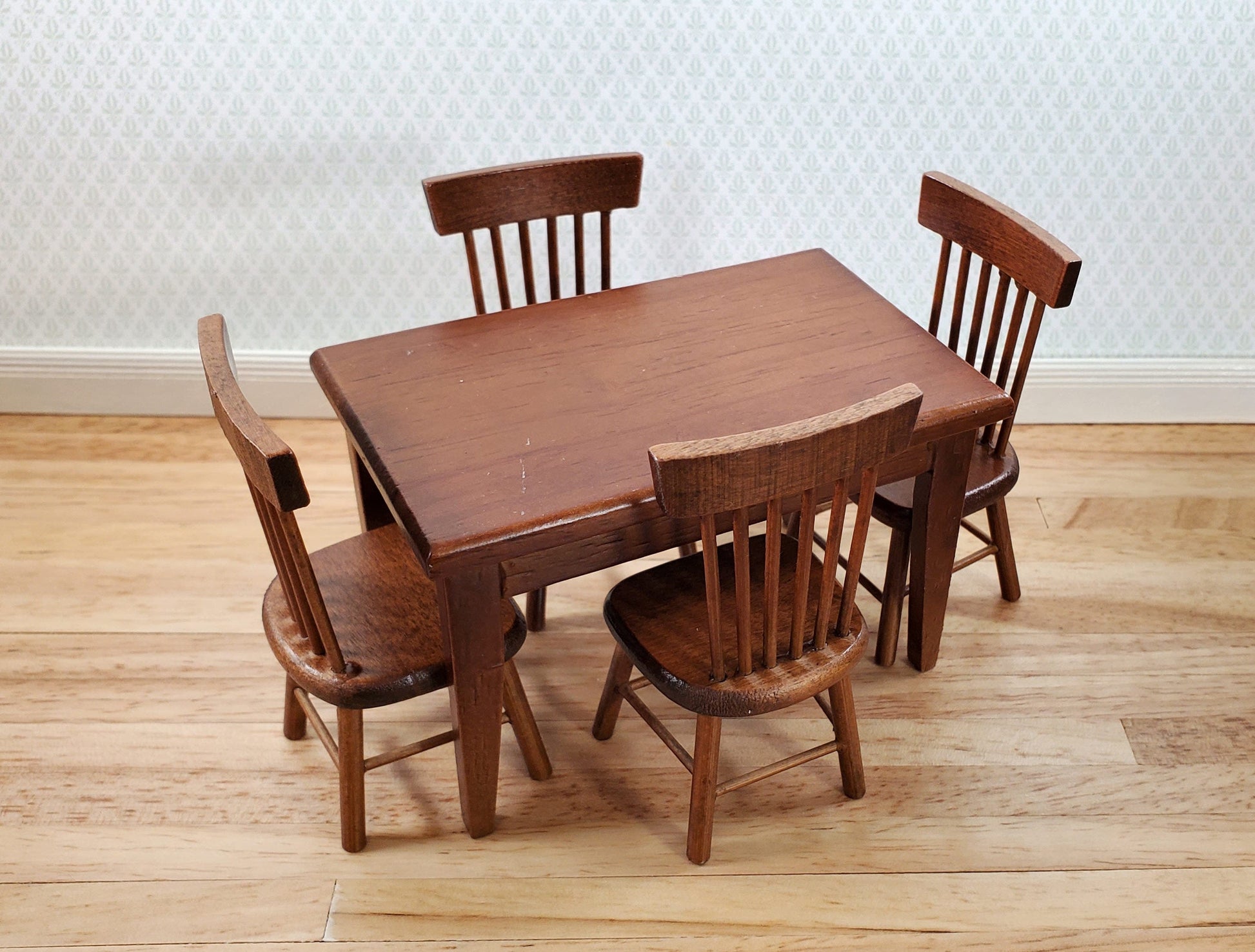 Dollhouse Kitchen Table with 4 Chairs Walnut Finish 1:12 Scale Miniature Furniture