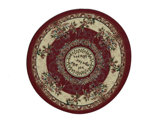 Dollhouse Round Rug Fabric Maroon & Beige Floral 1:12 Scale Miniature 7" Across