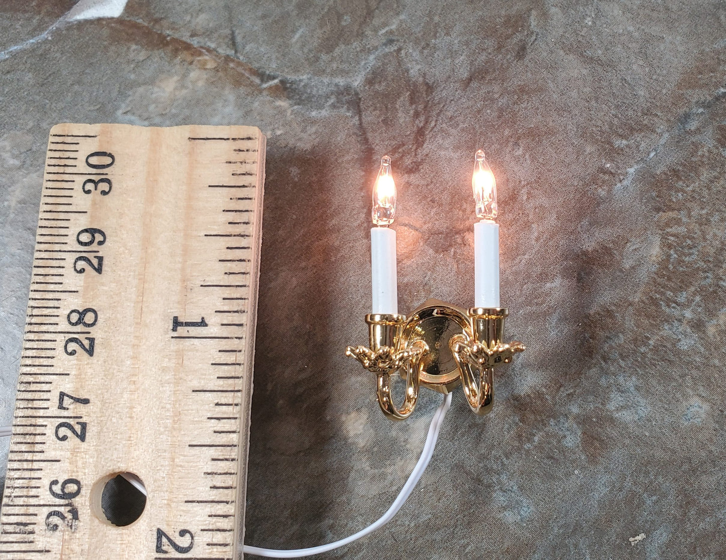 Dollhouse Double Candle Wall Sconce Gold 12 Volt with Plug 1:12 Wall Light