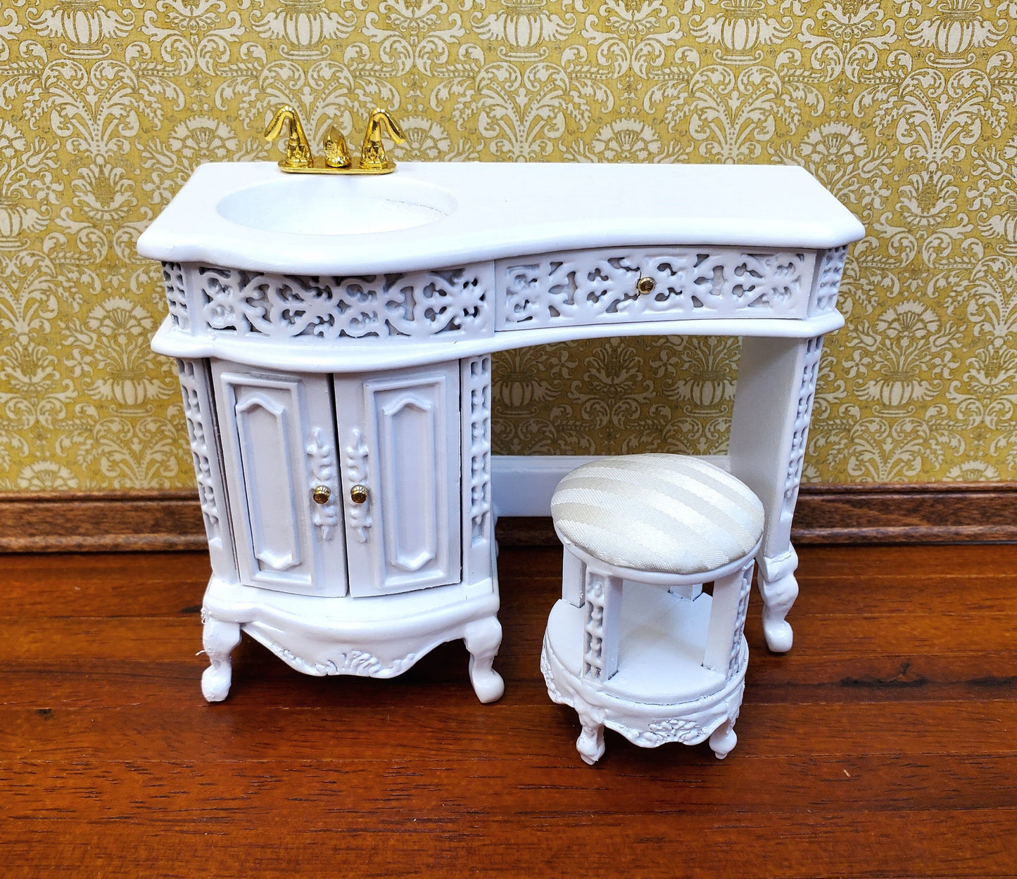 Dollhouse Bathroom Vanity Sink with Stool White Wood 1:12 Scale Miniature Furniture