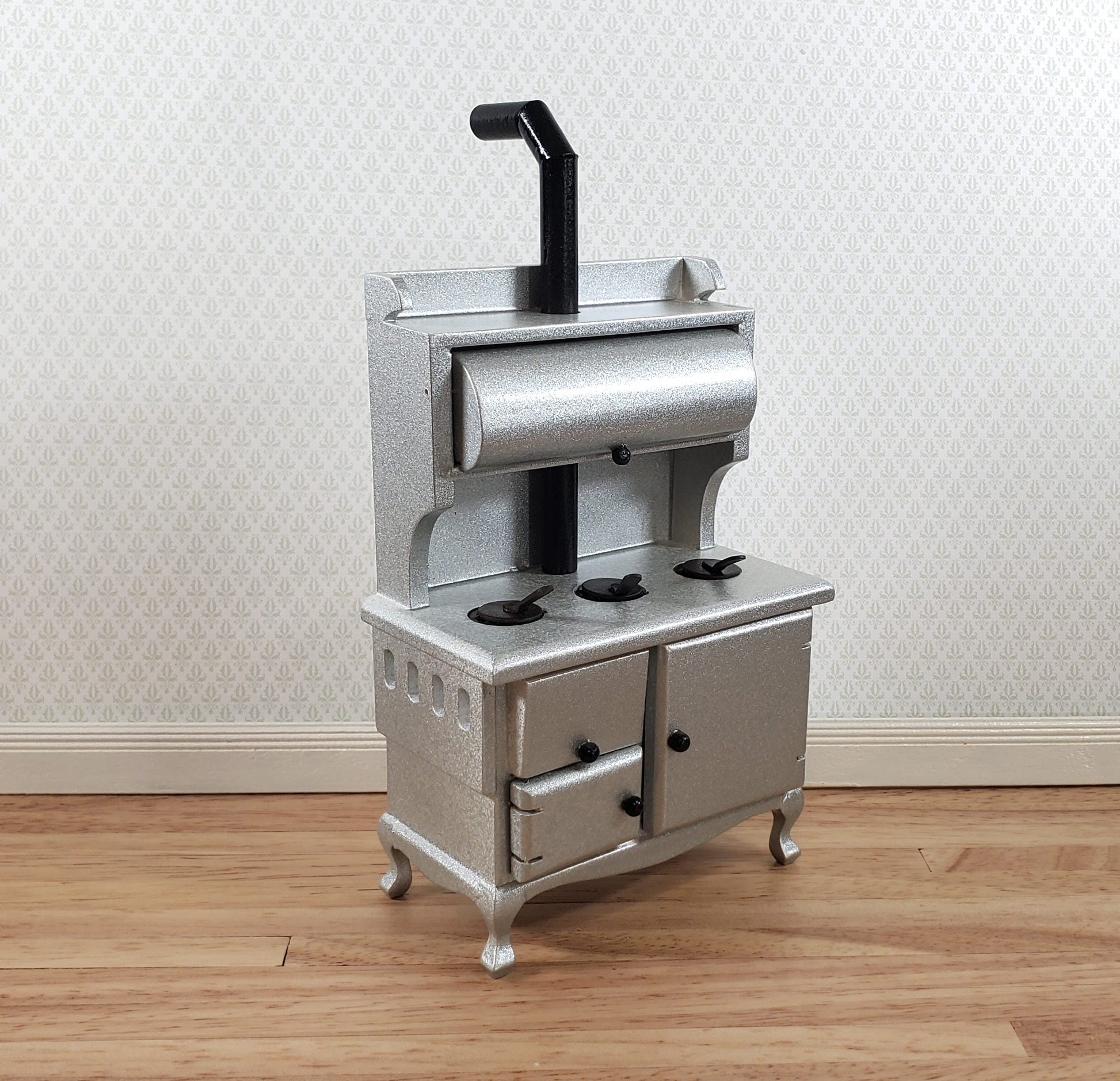 Dollhouse Kitchen Range Cabinet Stove Oven Silver 1:12 Scale Miniature Wood