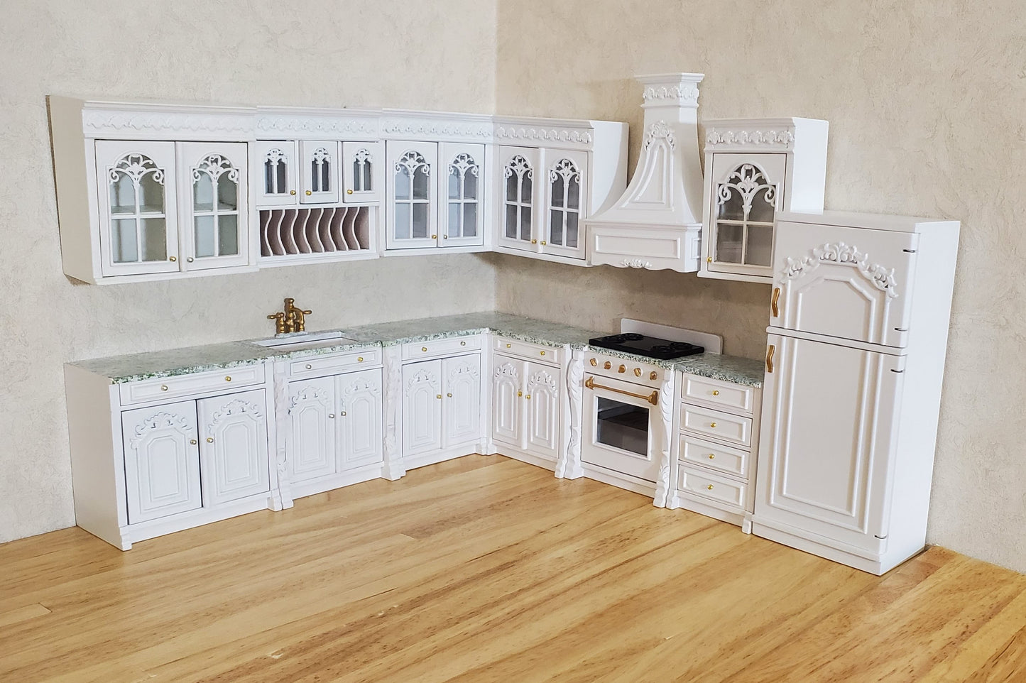 JBM Dollhouse Deluxe Kitchen Set 12 Pcs Stove Sink Cupboards Fridge White 1:12