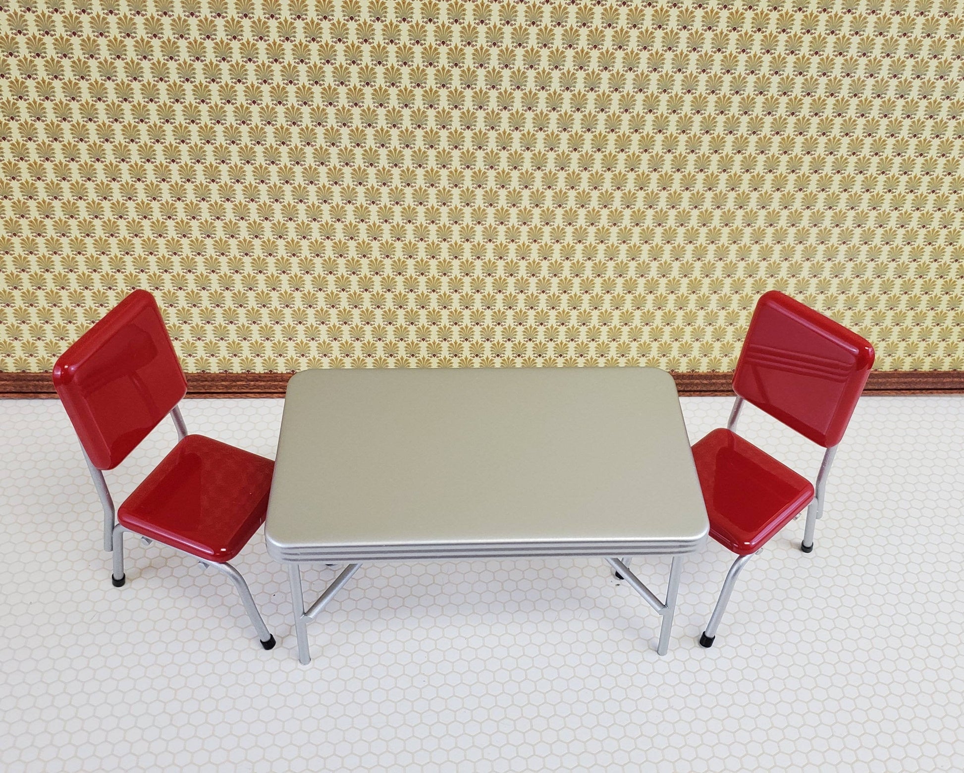 Dollhouse Miniatures 1950s Style Kitchen Table with 2 Red Chairs 1:12 Scale