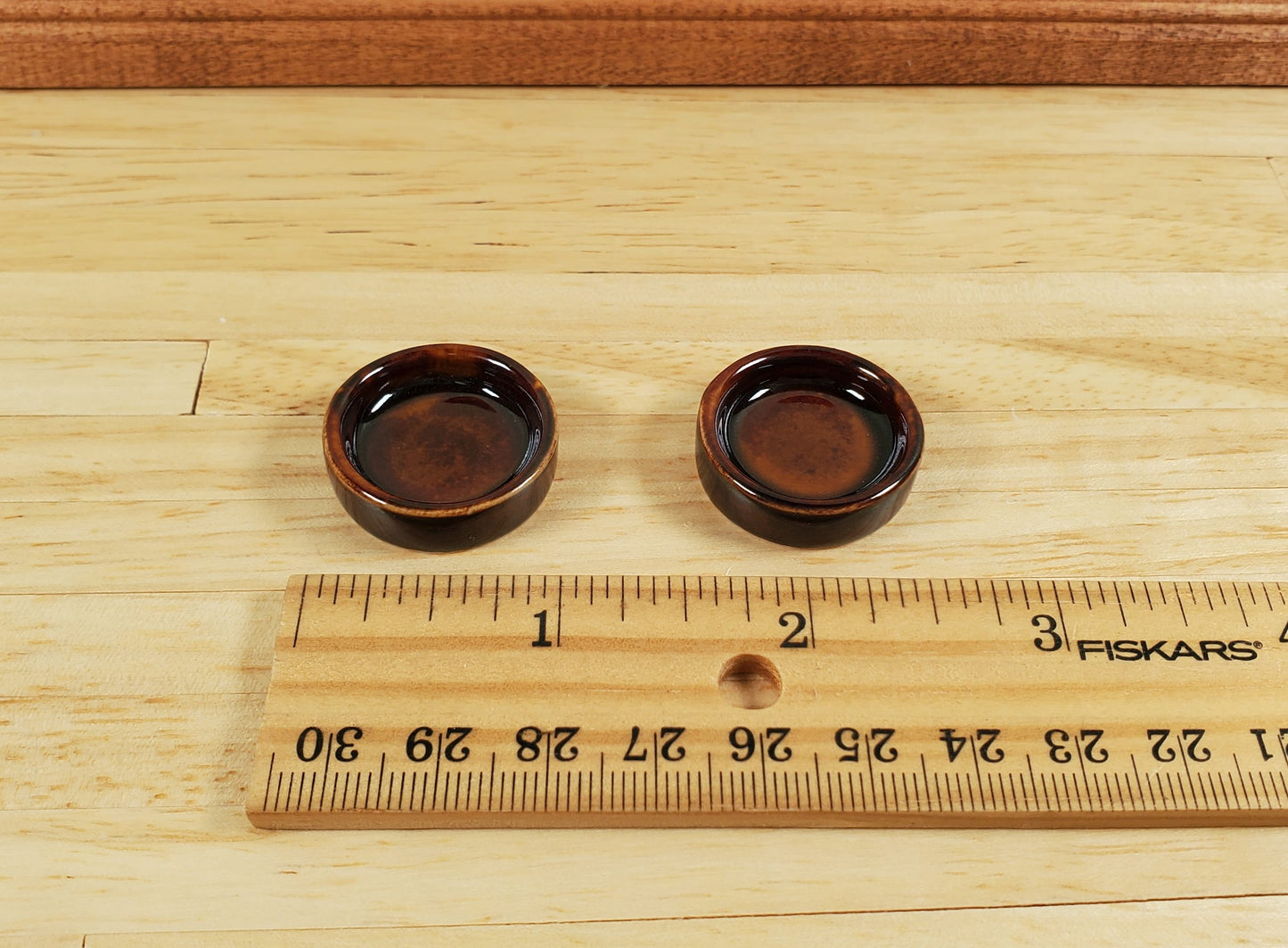 Dollhouse Dog Food Bowl Doggie Dish Large x2 Brown Ceramic 1:12 Scale