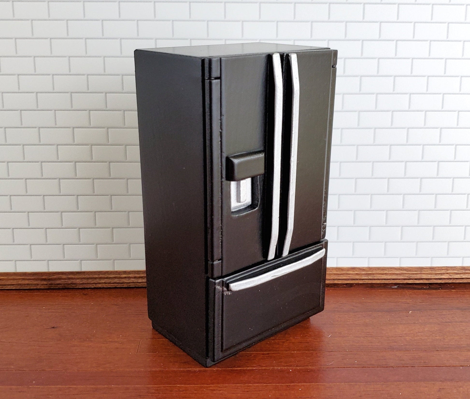 Dollhouse Miniature Fridge Modern Refrigerator Black 1:12 Scale Wood Furniture