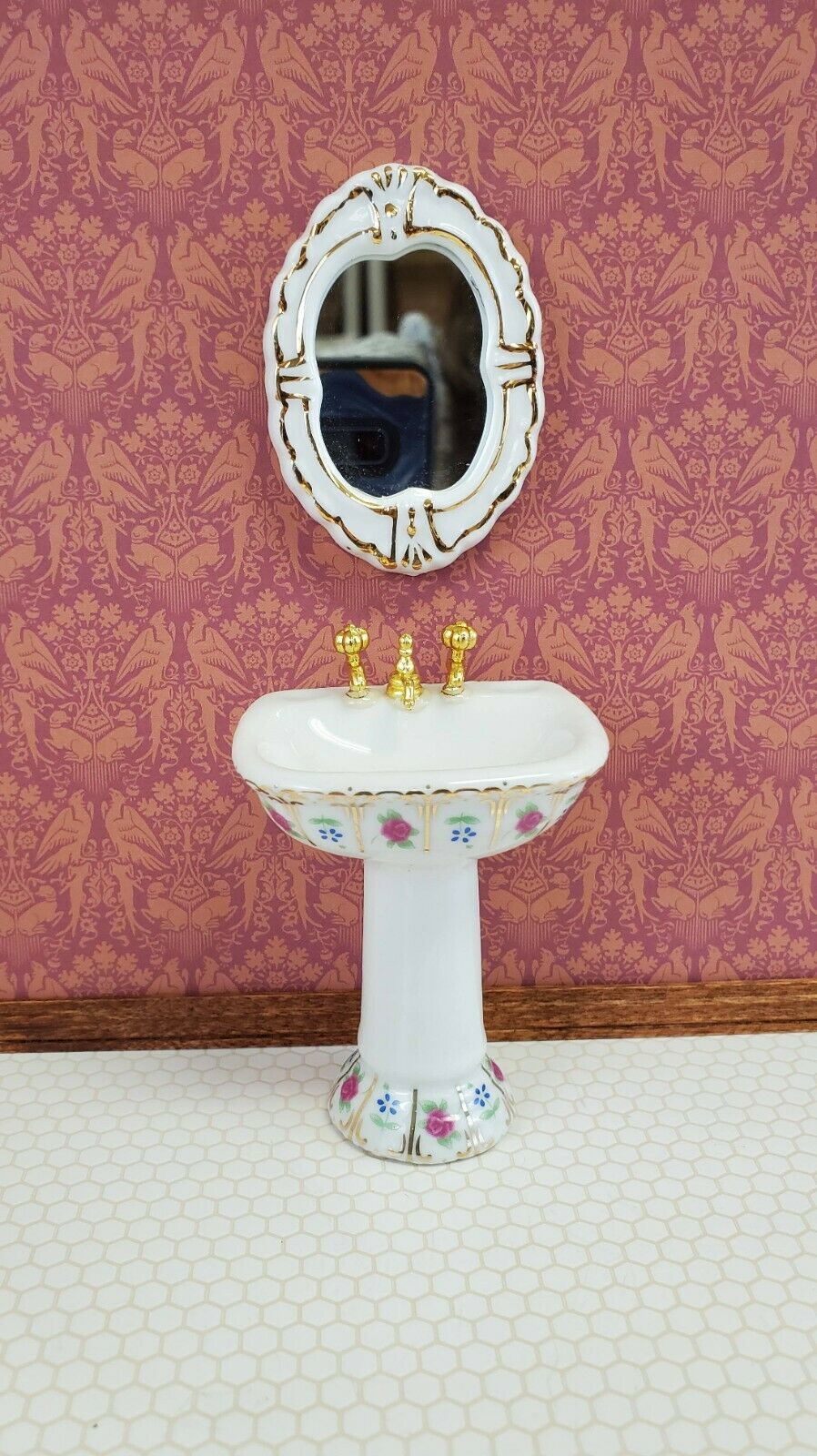 Dollhouse Miniature Bathroom Set White Gold Rose Porcelain Tub Toilet Sink