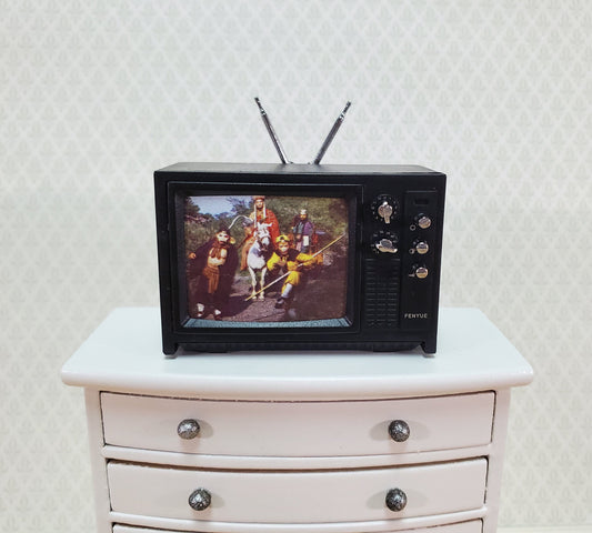 Dollhouse Television TV Set Retro 1970s Style Black Miniature Accessory
