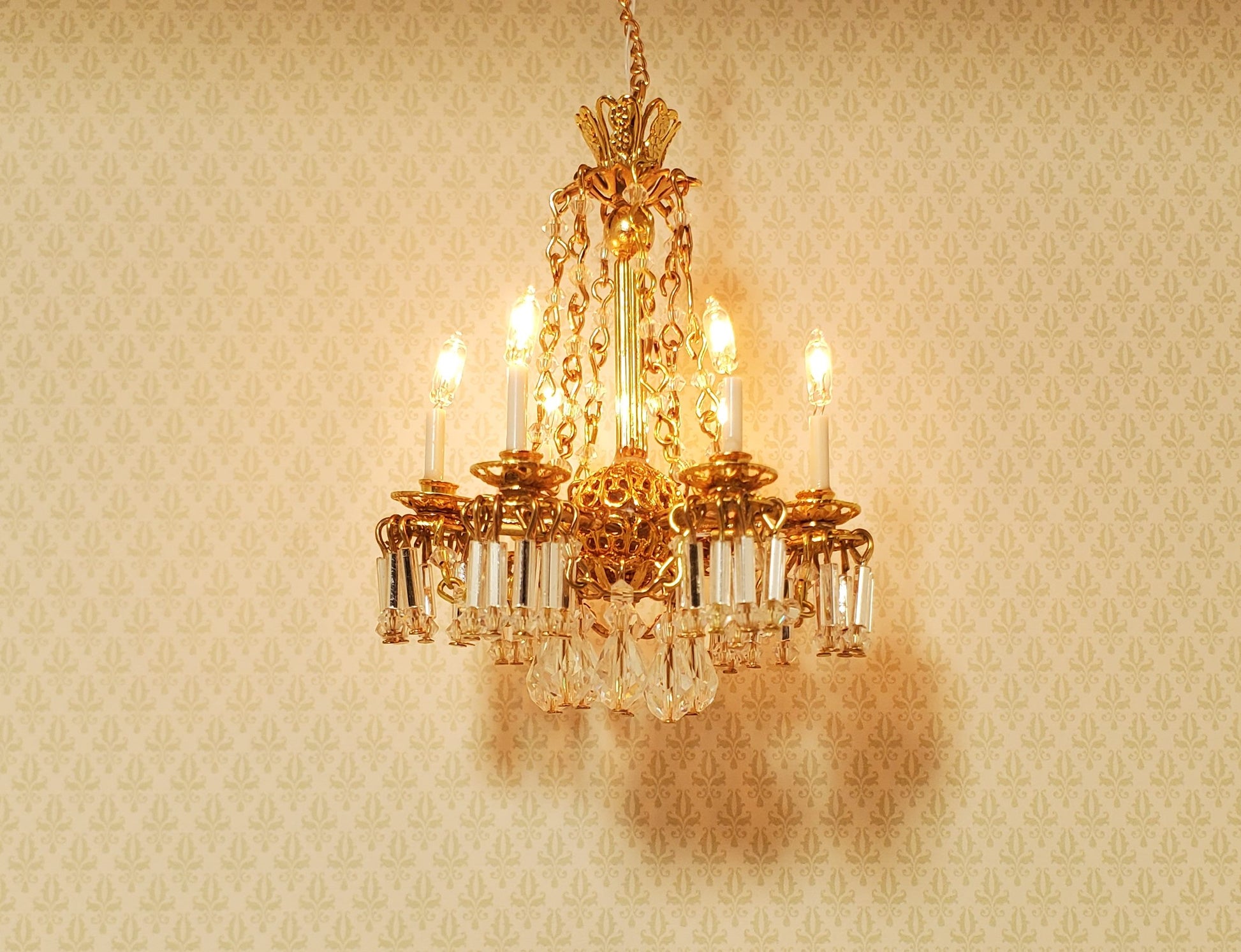 Dollhouse Crystal Chandelier with Drapes 6 Arm Real Glass 12 Volt 1:12 Scale