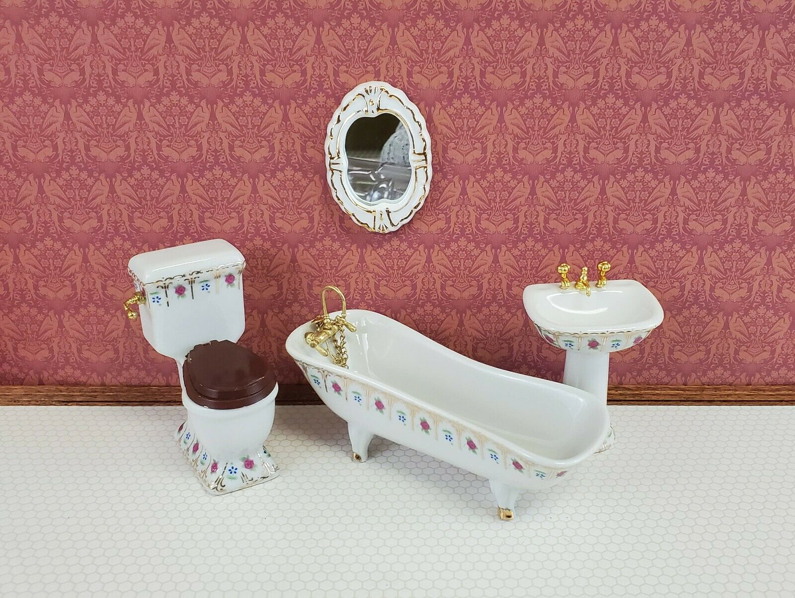 Dollhouse Miniature Bathroom Set White Gold Rose Porcelain Tub Toilet Sink