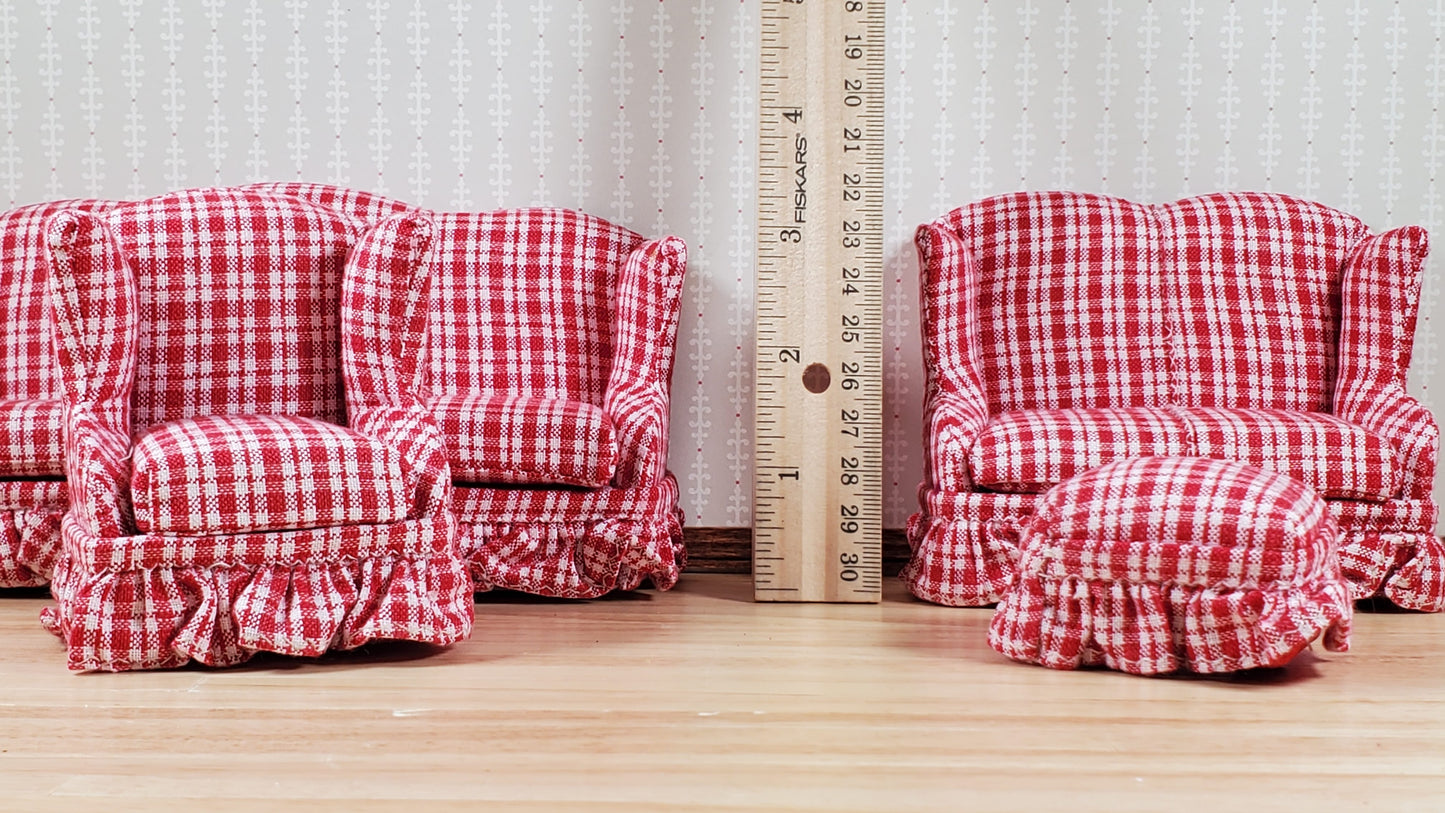 Dollhouse Living Room Set 4 pc Red Plaid 1:12 Scale Miniature Furniture
